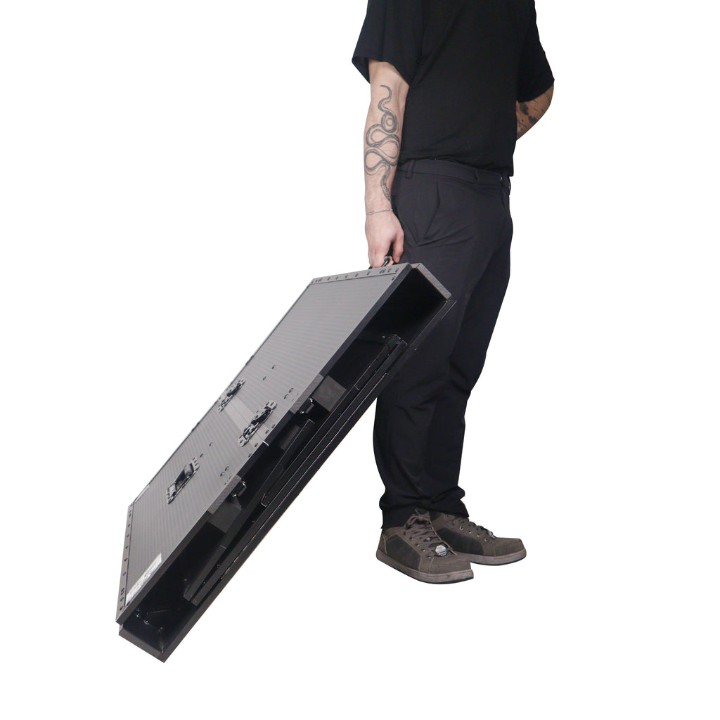 Transformer Flight Case Style Folding DJ Table and Workstation with Smooth Rolling Wheels Black Finish
