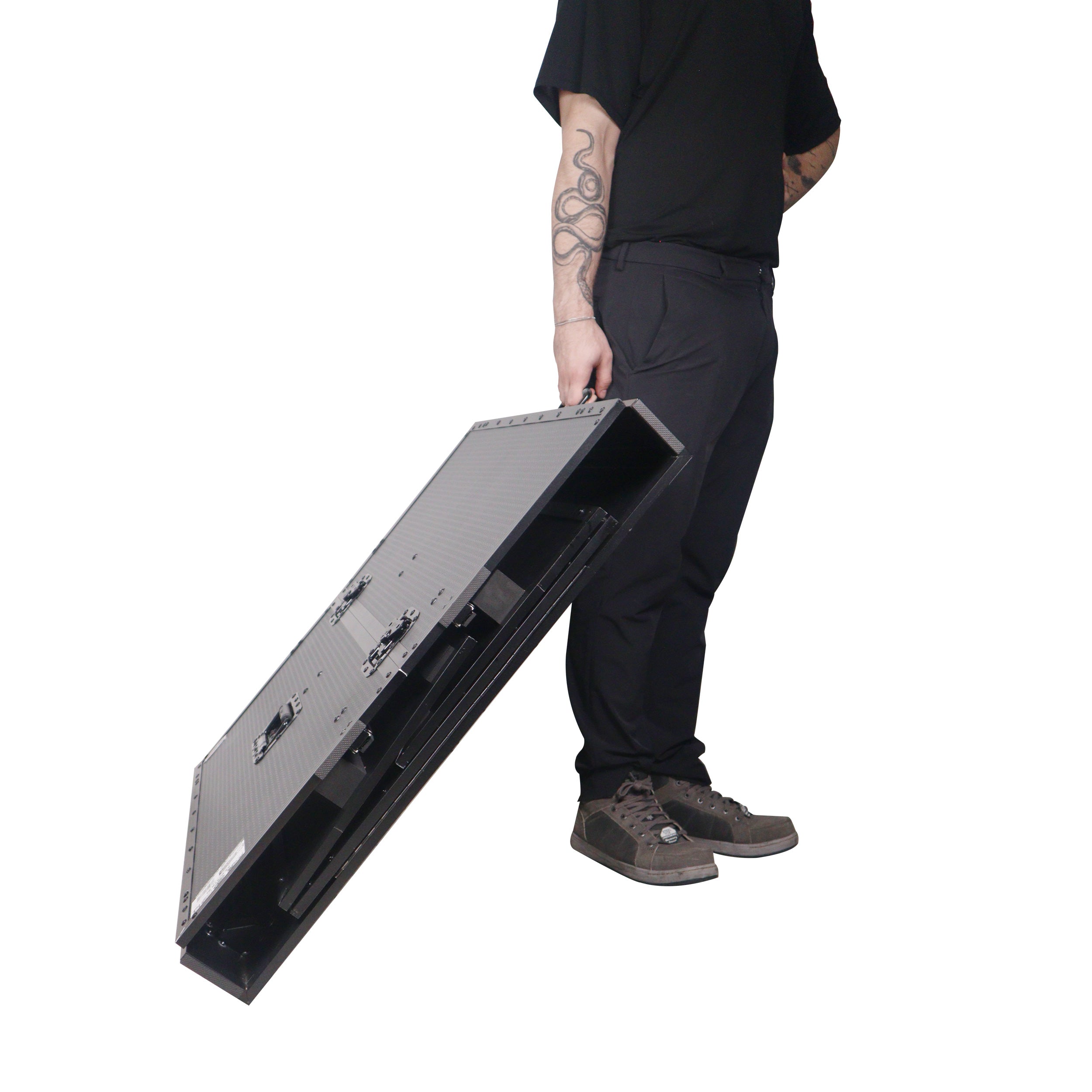 Transformer Flight Case Style Folding DJ Table and Workstation with Smooth Rolling Wheels Black Finish