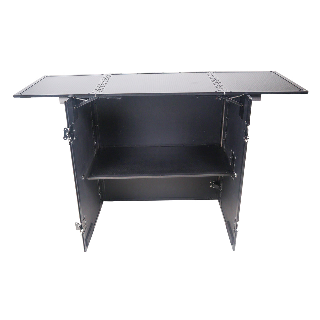 Transformer Flight Case Style Folding DJ Table and Workstation with Smooth Rolling Wheels Black Finish
