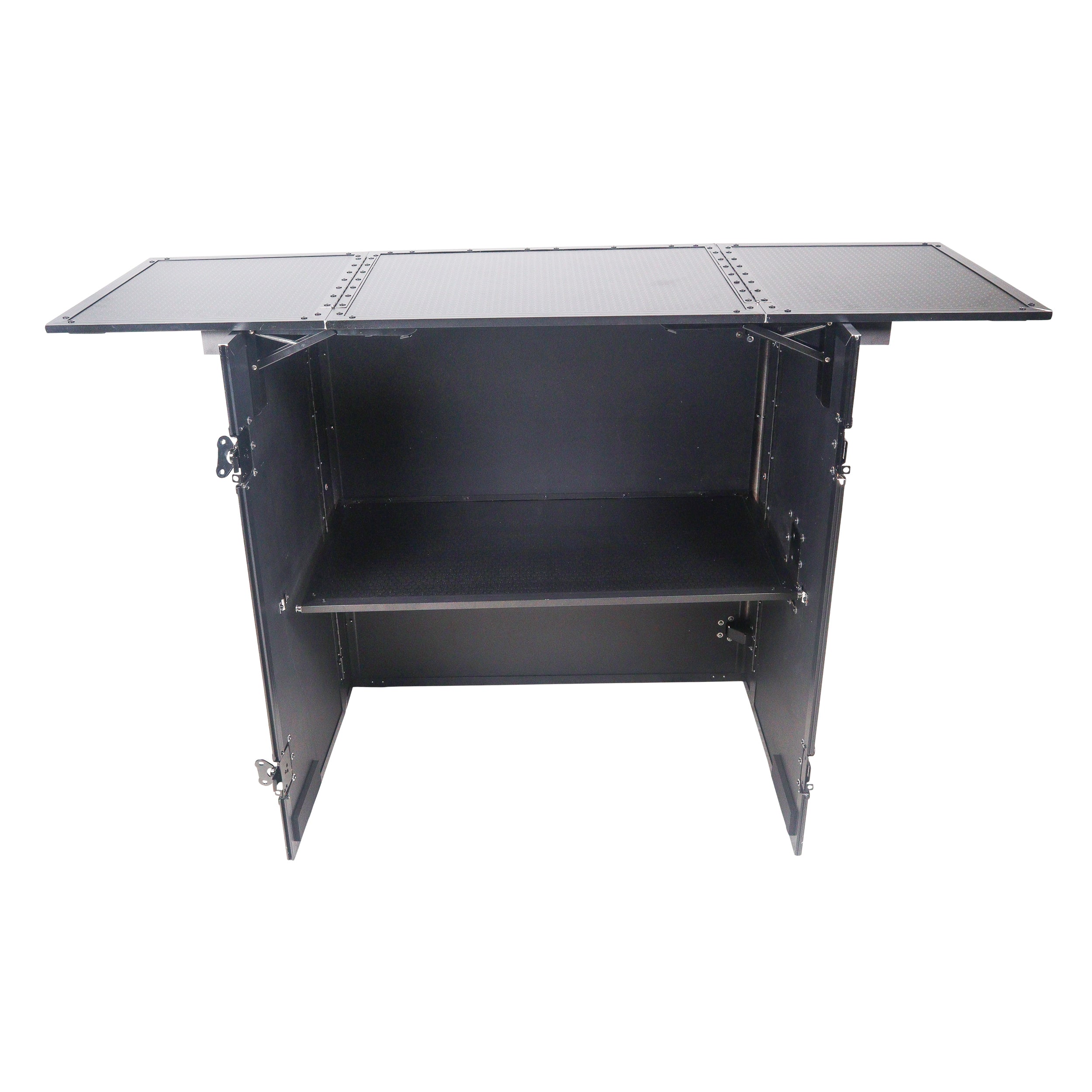 Transformer Flight Case Style Folding DJ Table and Workstation with Smooth Rolling Wheels Black Finish