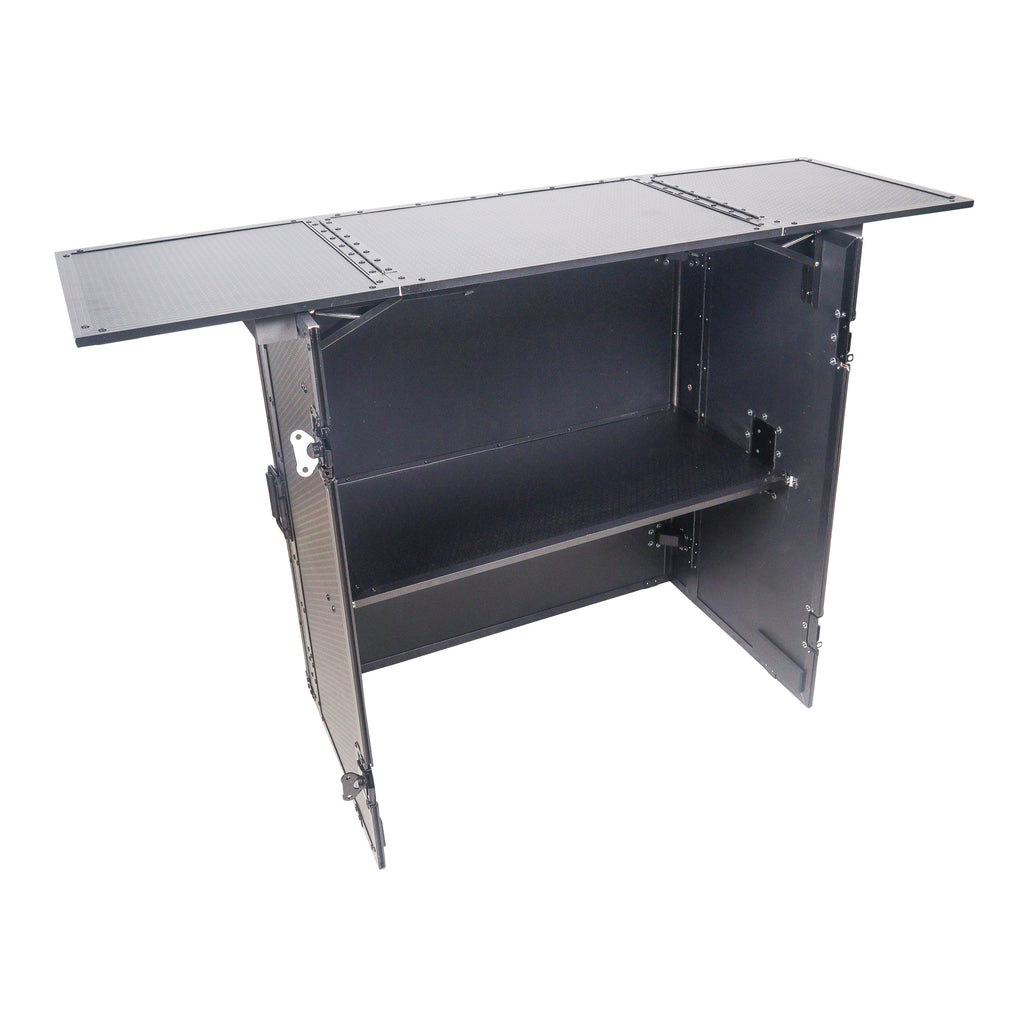 Transformer Flight Case Style Folding DJ Table and Workstation with Smooth Rolling Wheels Black Finish