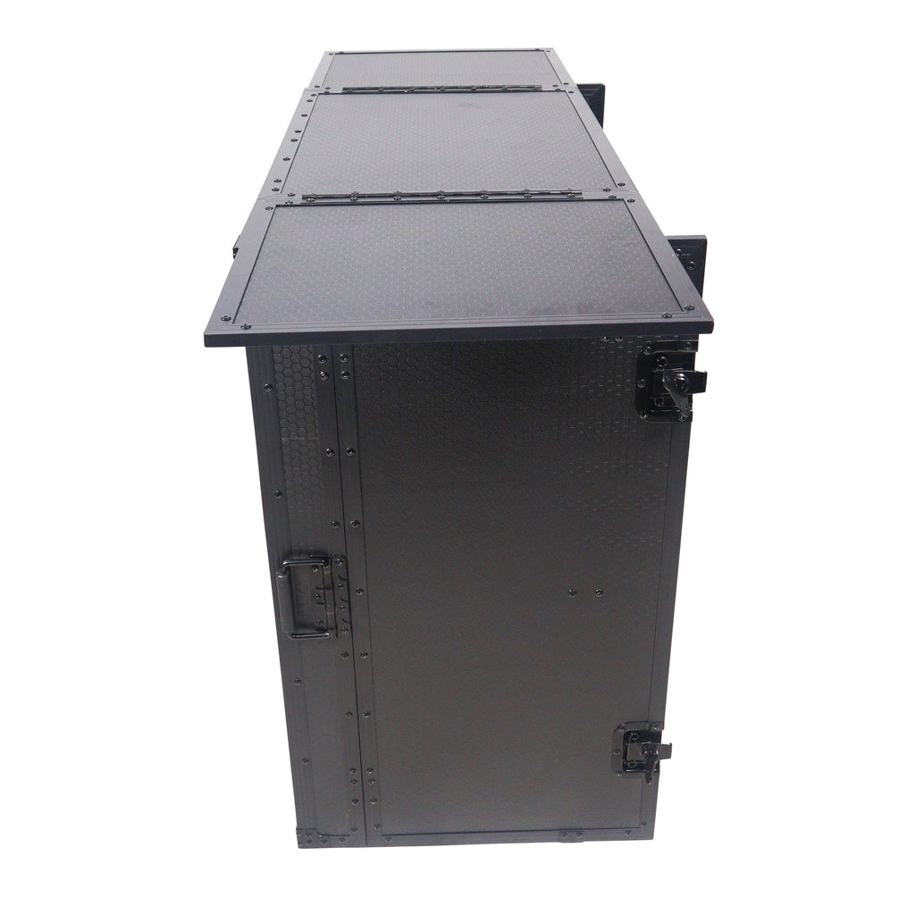 Transformer Flight Case Style Folding DJ Table and Workstation with Smooth Rolling Wheels Black Finish