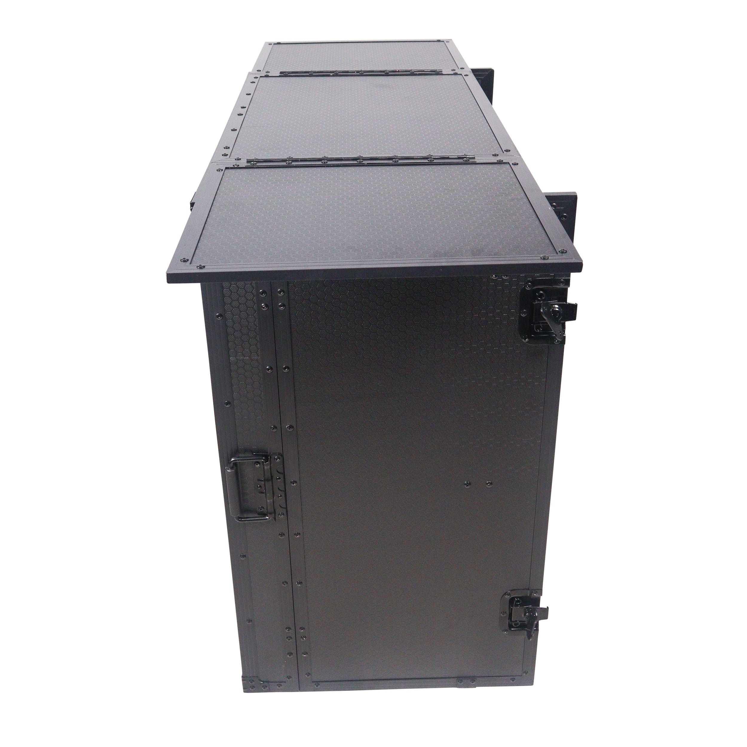Transformer Flight Case Style Folding DJ Table and Workstation with Smooth Rolling Wheels Black Finish