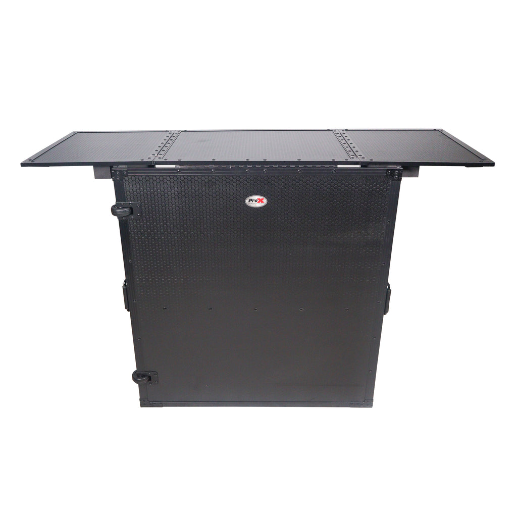 Transformer Flight Case Style Folding DJ Table and Workstation with Smooth Rolling Wheels Black Finish
