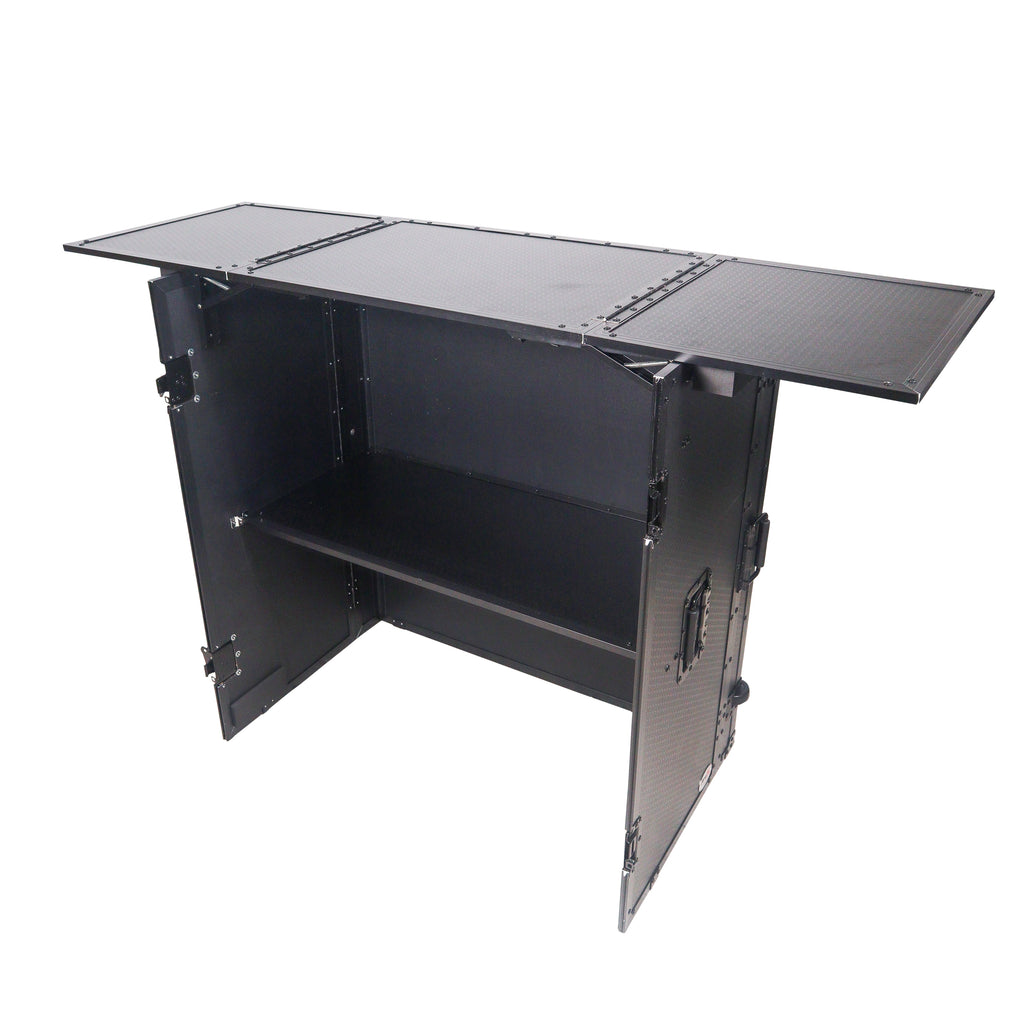 Transformer Flight Case Style Folding DJ Table and Workstation with Smooth Rolling Wheels Black Finish