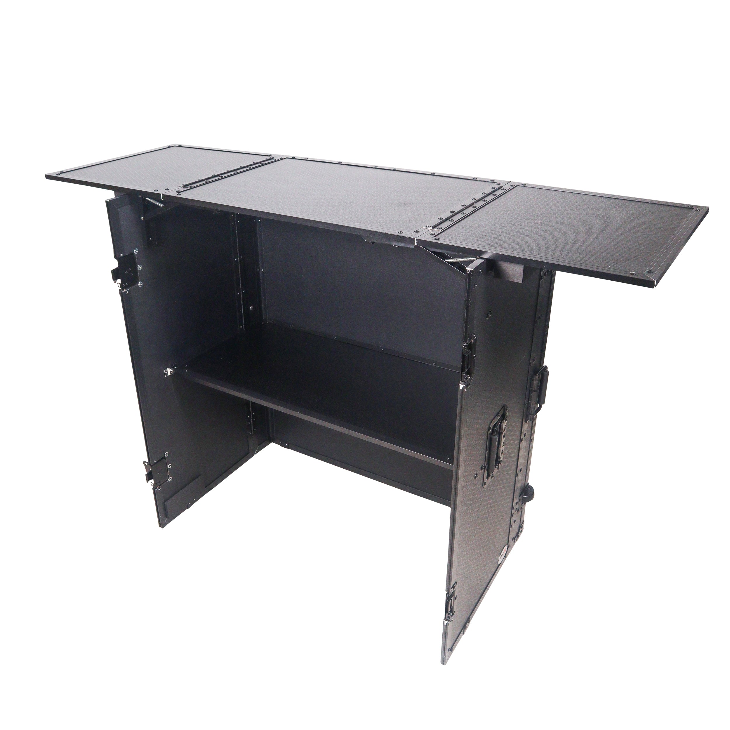Transformer Flight Case Style Folding DJ Table and Workstation with Smooth Rolling Wheels Black Finish