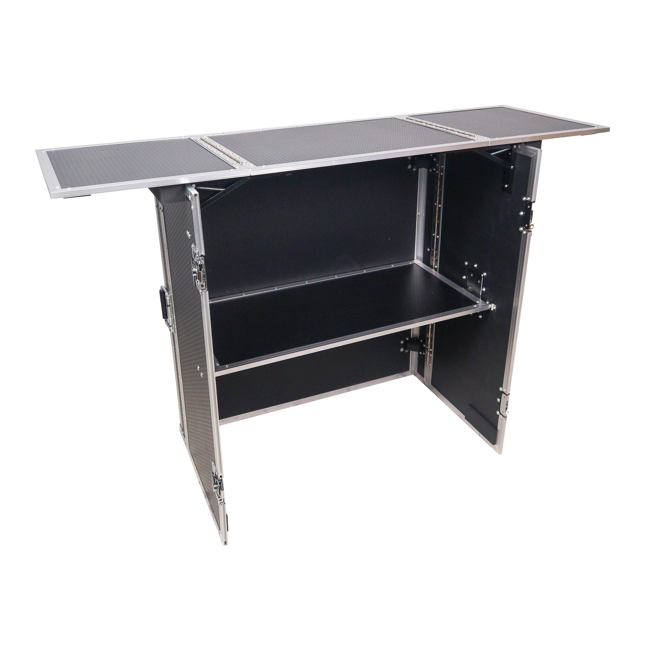 Transformer Flight Case Style Folding DJ Table and Workstation with Smooth Rolling Wheels