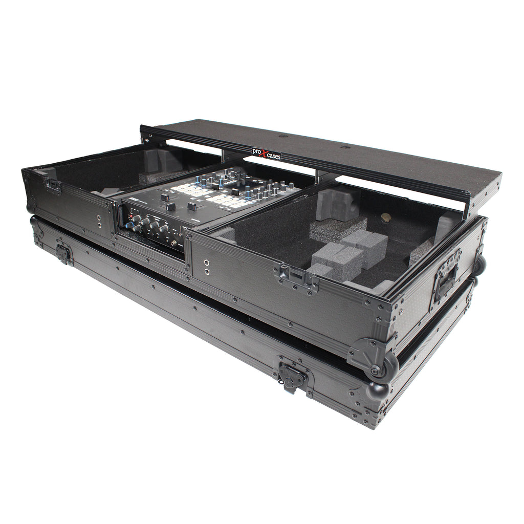 Flight Coffin Case For 12" Rane 72 Mixer and 2 Turntables in Battle Mode W/ Laptop Shelf and Wheels Black on Black