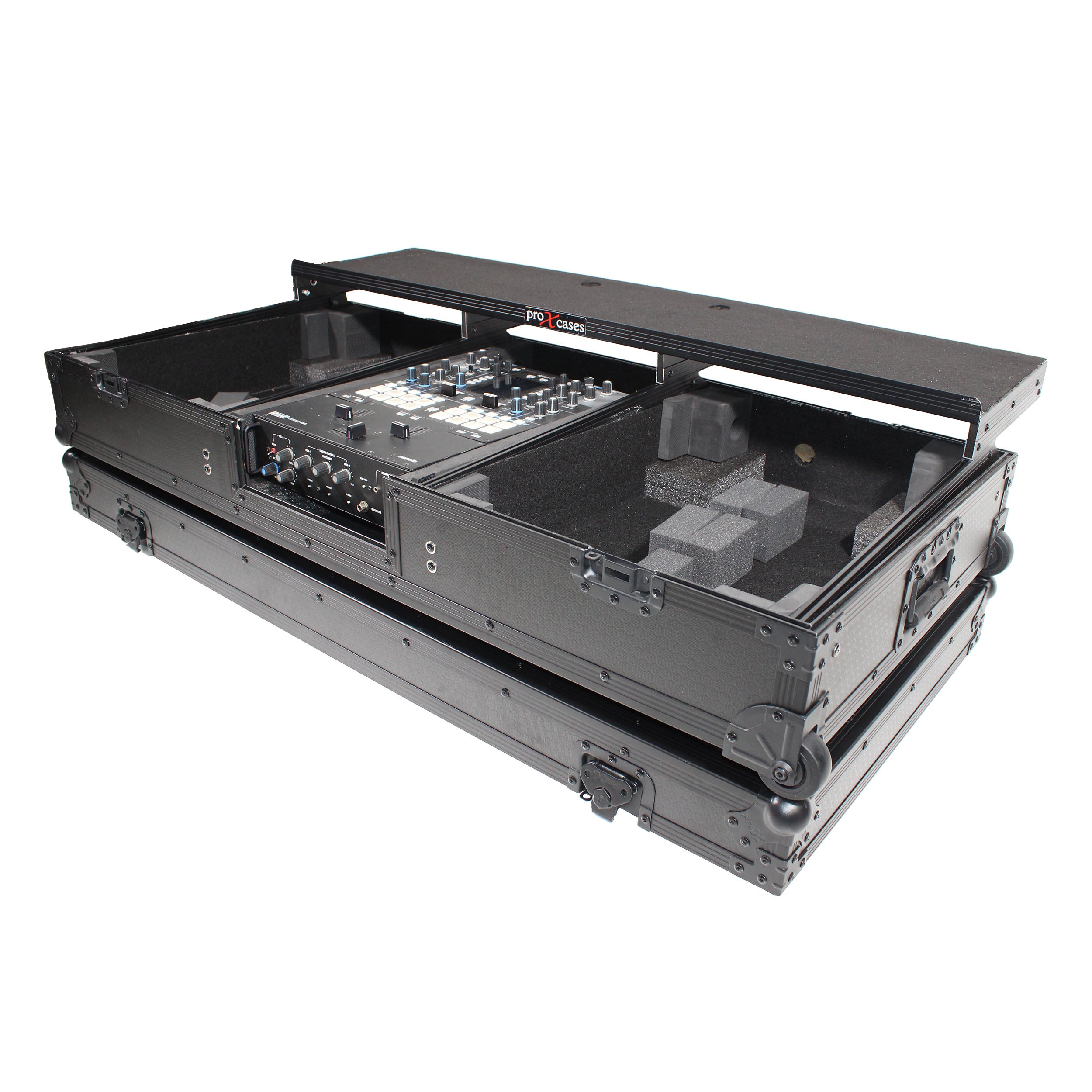 Flight Coffin Case For 12" Rane 72 Mixer and 2 Turntables in Battle Mode W/ Laptop Shelf and Wheels Black on Black