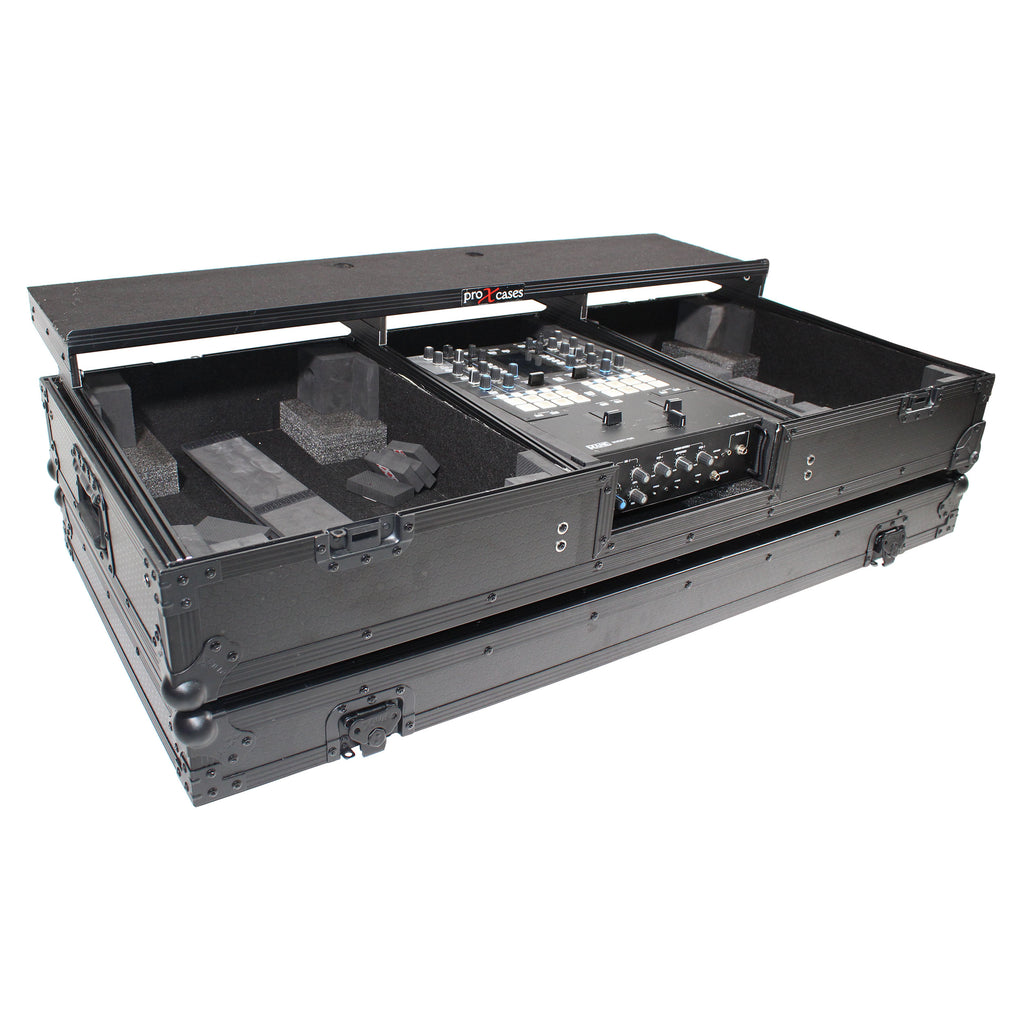 Flight Coffin Case For 12" Rane 72 Mixer and 2 Turntables in Battle Mode W/ Laptop Shelf and Wheels Black on Black