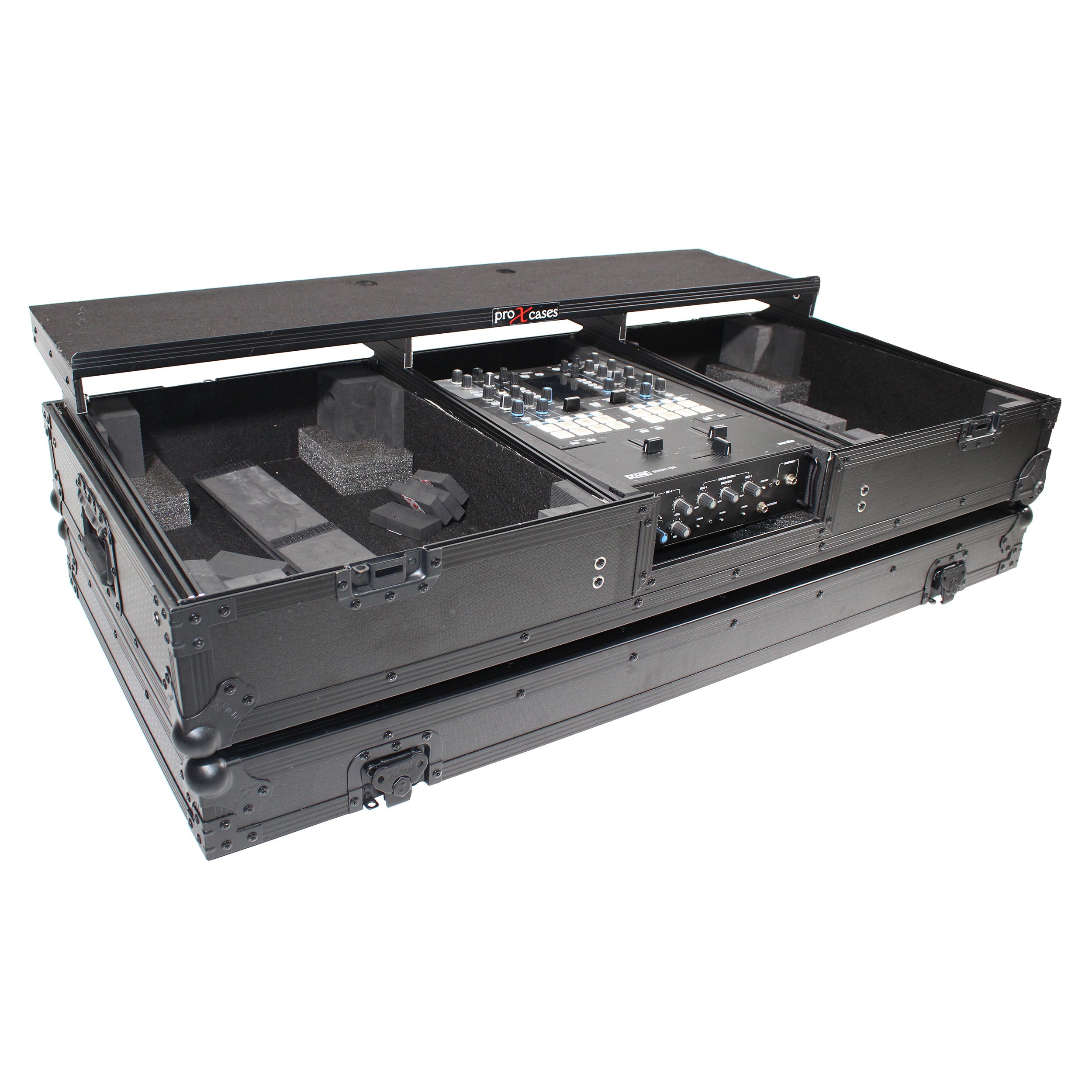 Flight Coffin Case For 12" Rane 72 Mixer and 2 Turntables in Battle Mode W/ Laptop Shelf and Wheels Black on Black