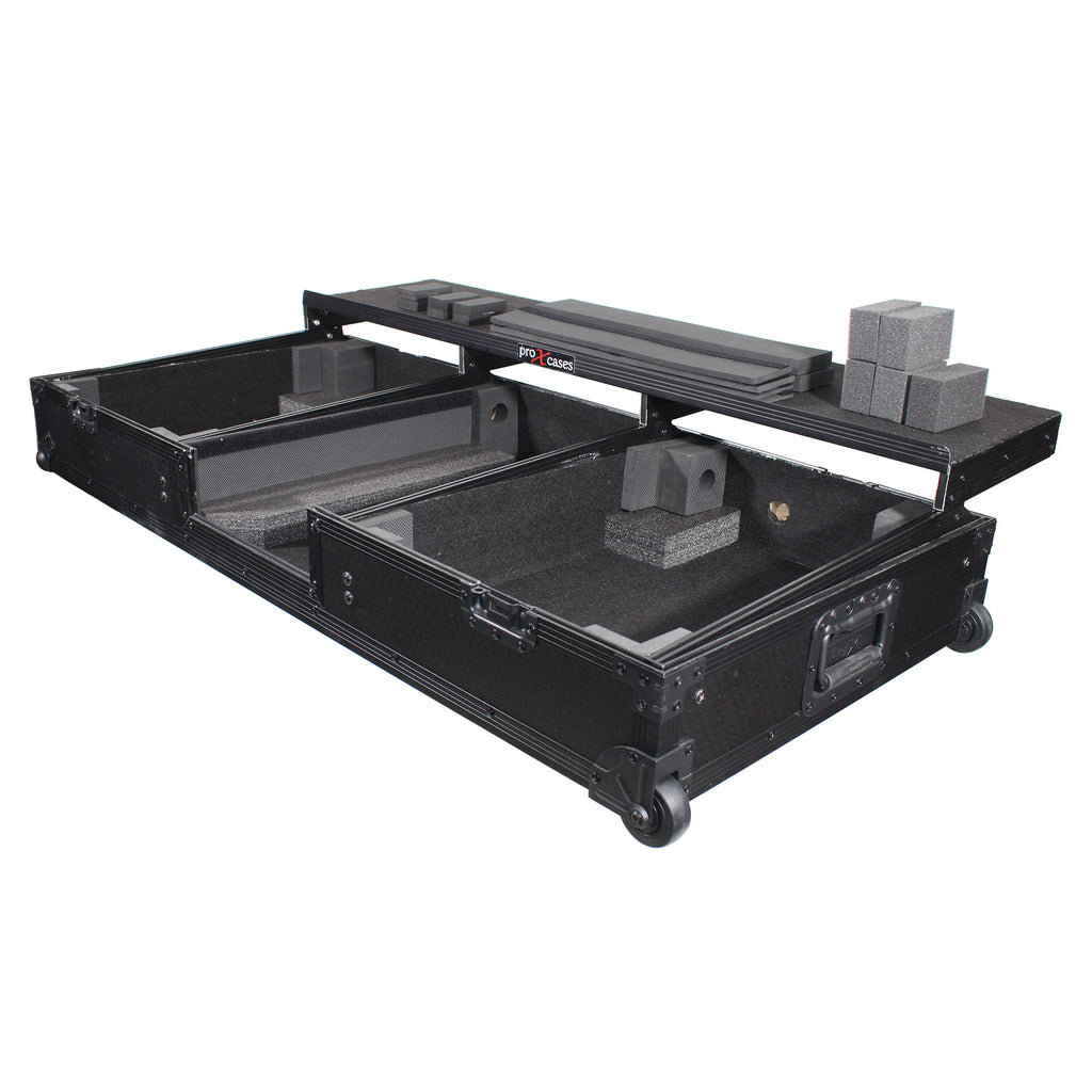 Flight Coffin Case For 12" Rane 72 Mixer and 2 Turntables in Battle Mode W/ Laptop Shelf and Wheels Black on Black