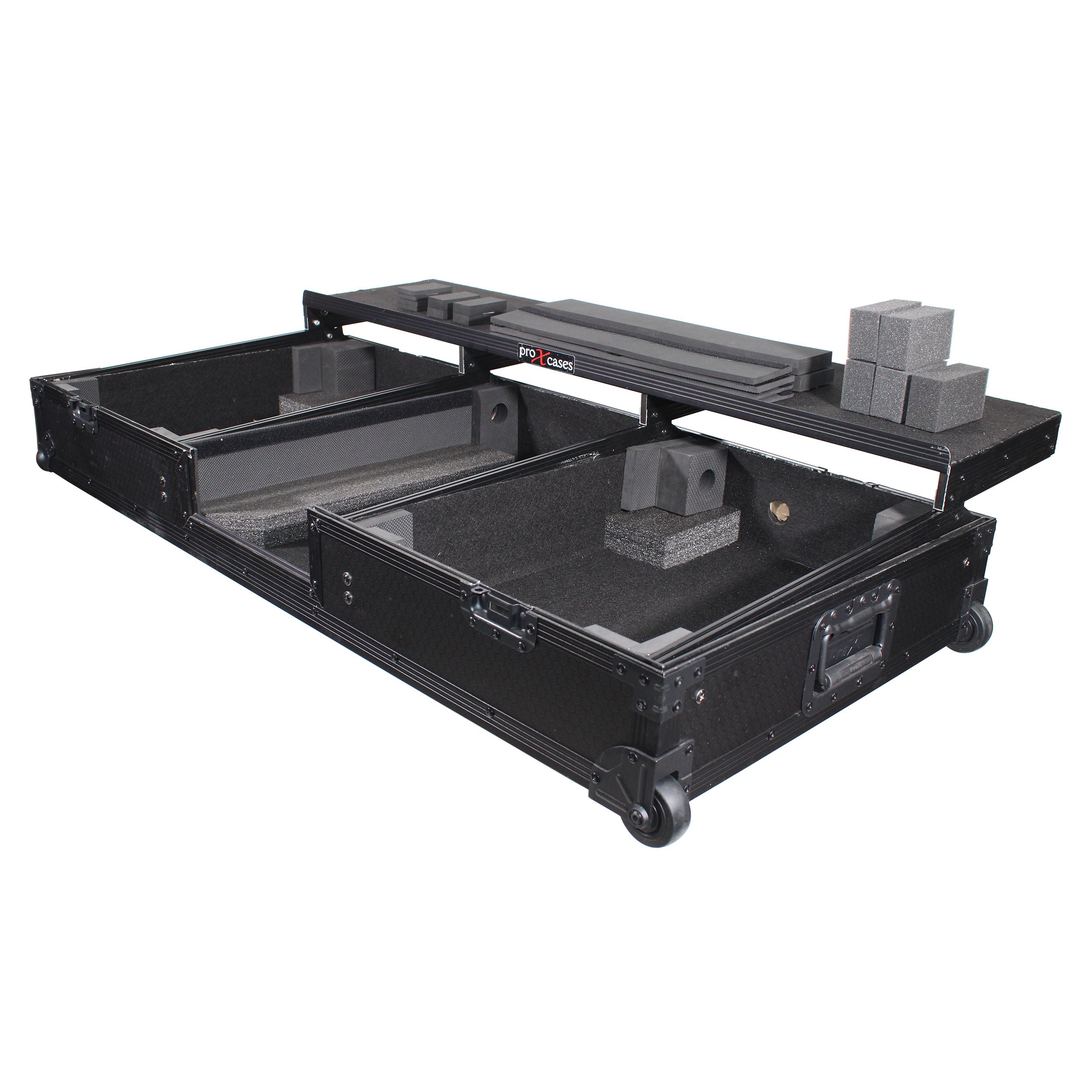 Flight Coffin Case For 12" Rane 72 Mixer and 2 Turntables in Battle Mode W/ Laptop Shelf and Wheels Black on Black
