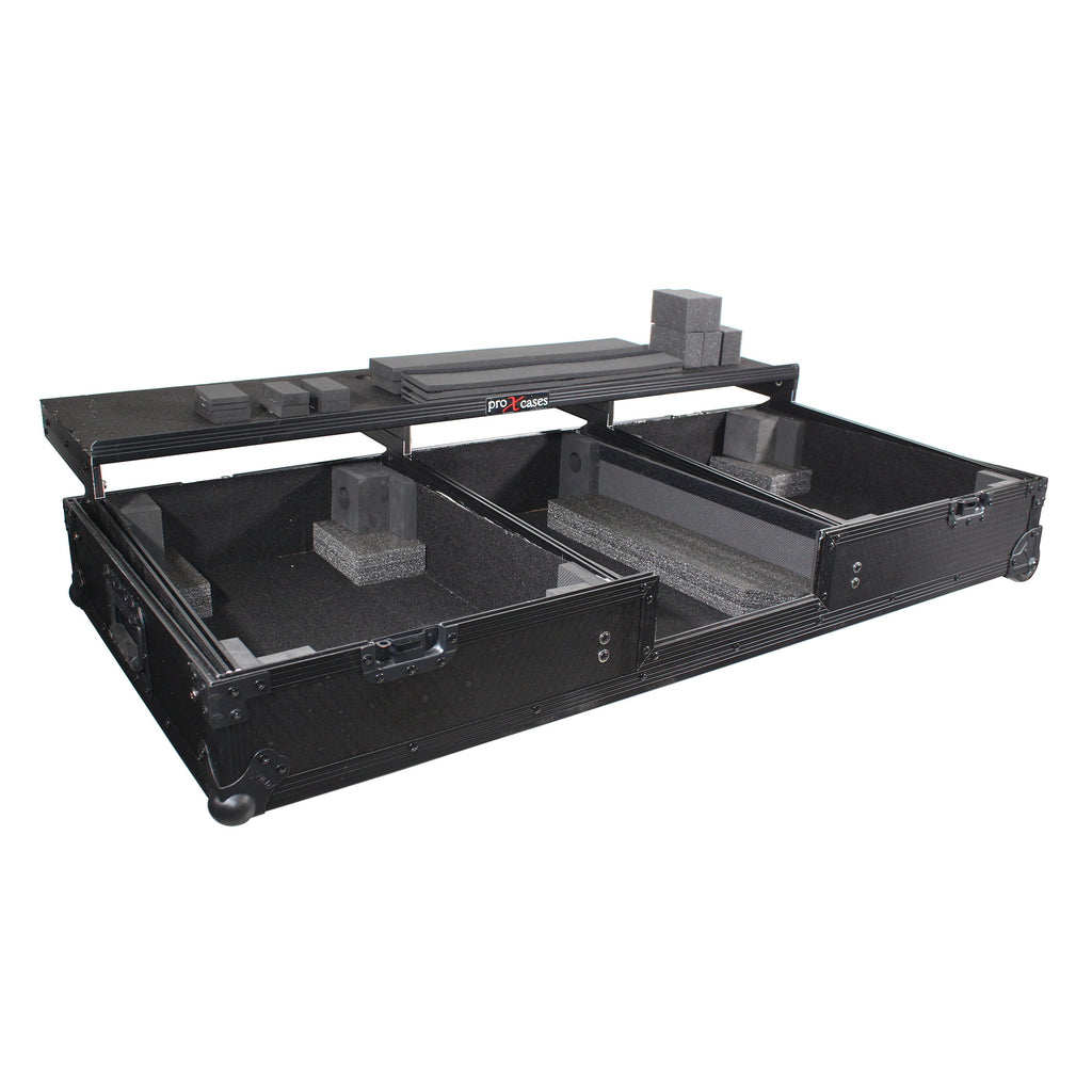 Flight Coffin Case For 12" Rane 72 Mixer and 2 Turntables in Battle Mode W/ Laptop Shelf and Wheels Black on Black