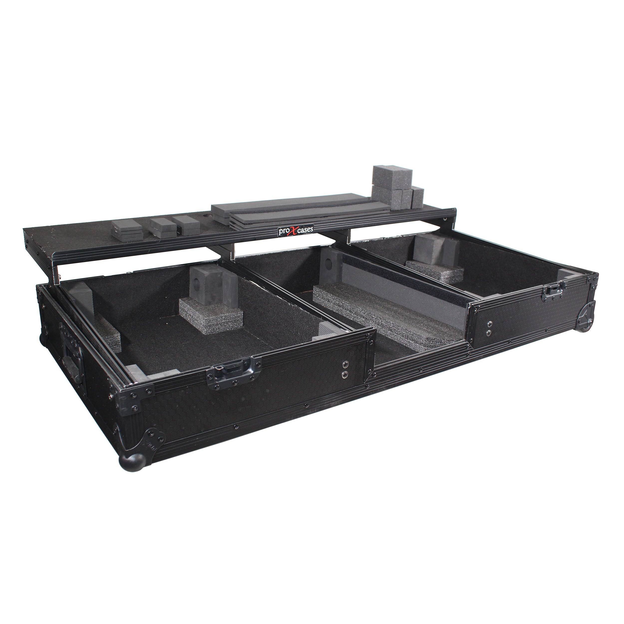 Flight Coffin Case For 12" Rane 72 Mixer and 2 Turntables in Battle Mode W/ Laptop Shelf and Wheels Black on Black