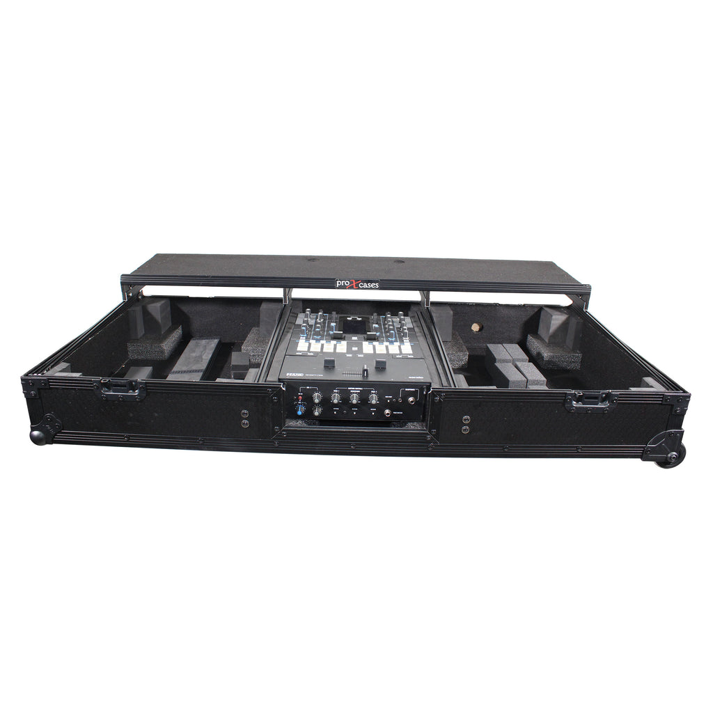 Flight Coffin Case For 12" Rane 72 Mixer and 2 Turntables in Battle Mode W/ Laptop Shelf and Wheels Black on Black