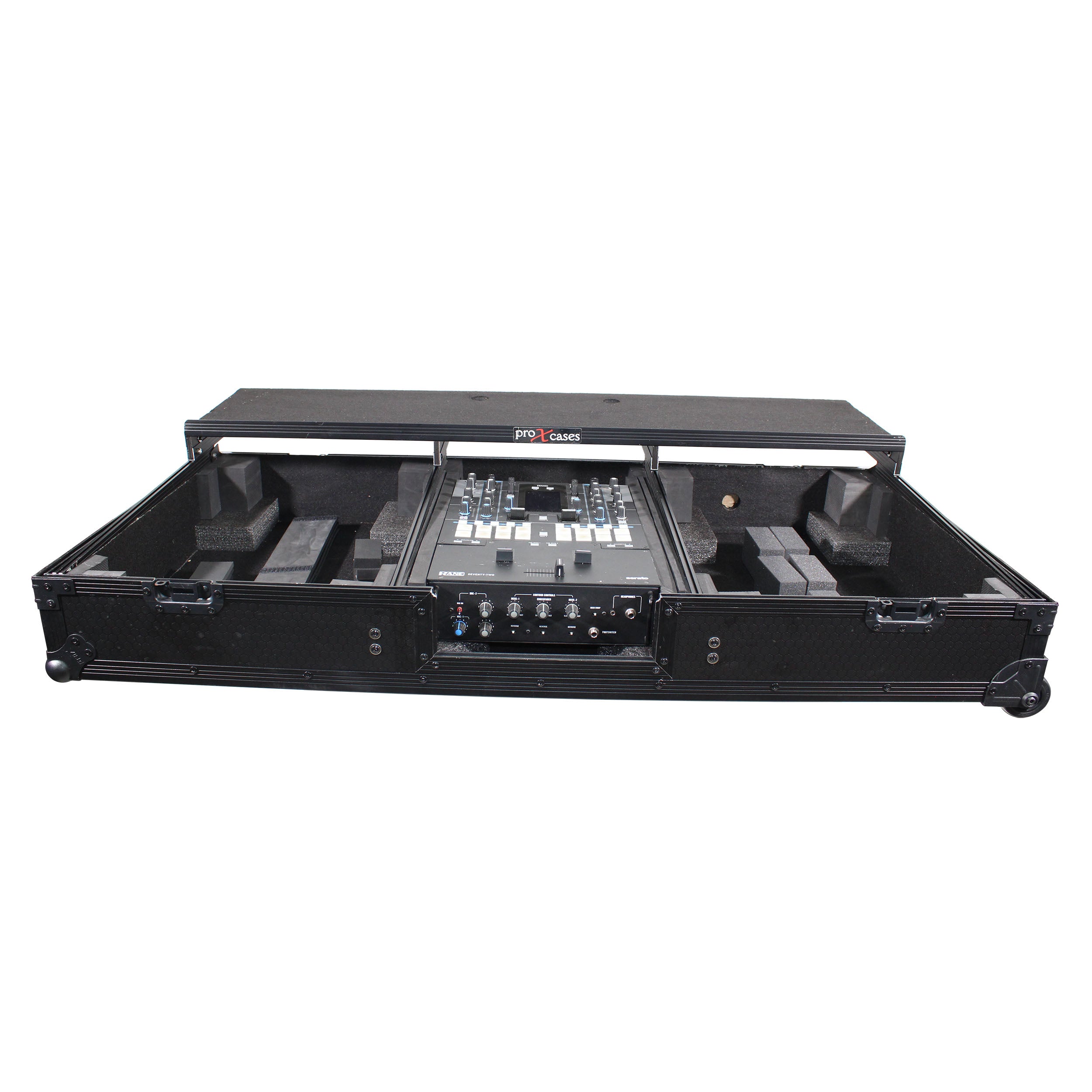 Flight Coffin Case For 12" Rane 72 Mixer and 2 Turntables in Battle Mode W/ Laptop Shelf and Wheels Black on Black