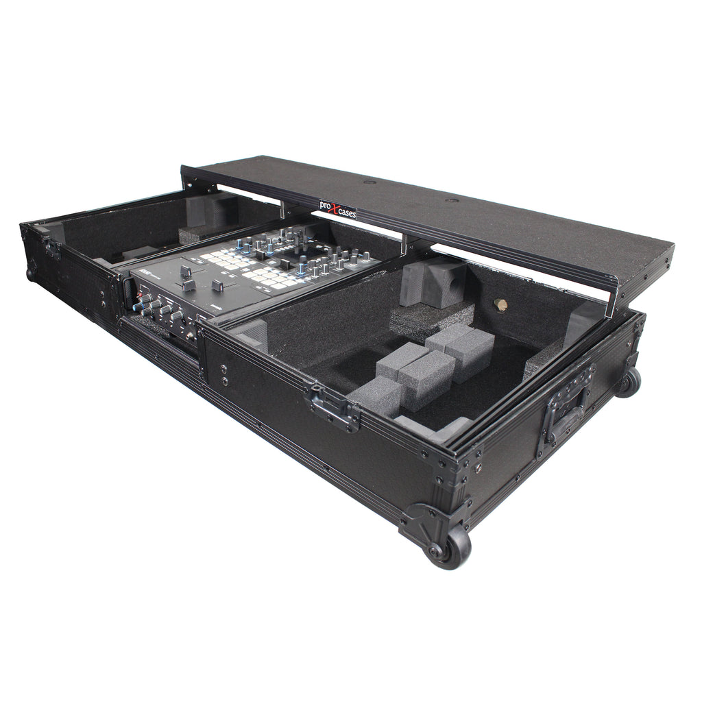 Flight Coffin Case For 12" Rane 72 Mixer and 2 Turntables in Battle Mode W/ Laptop Shelf and Wheels Black on Black