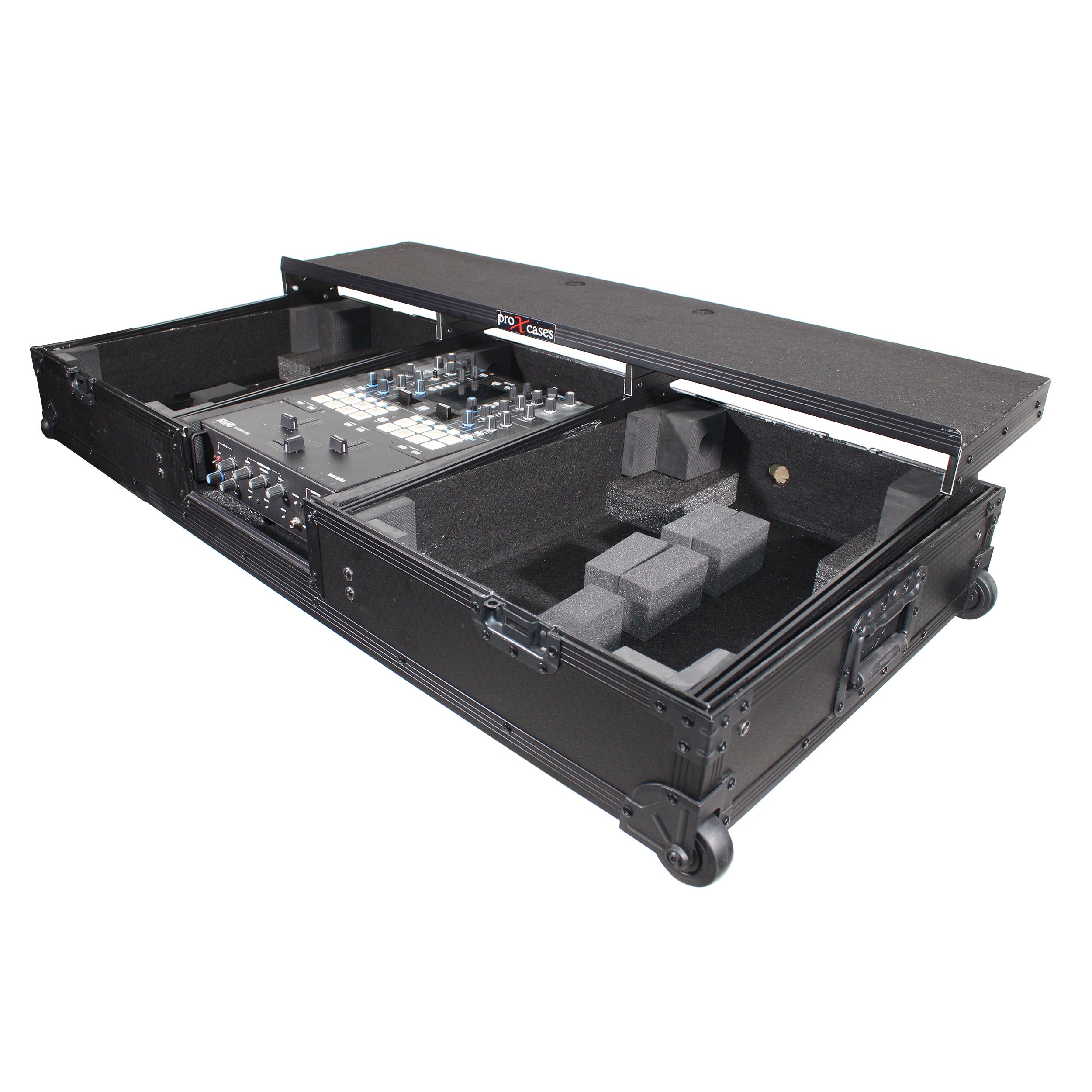 Flight Coffin Case For 12" Rane 72 Mixer and 2 Turntables in Battle Mode W/ Laptop Shelf and Wheels Black on Black