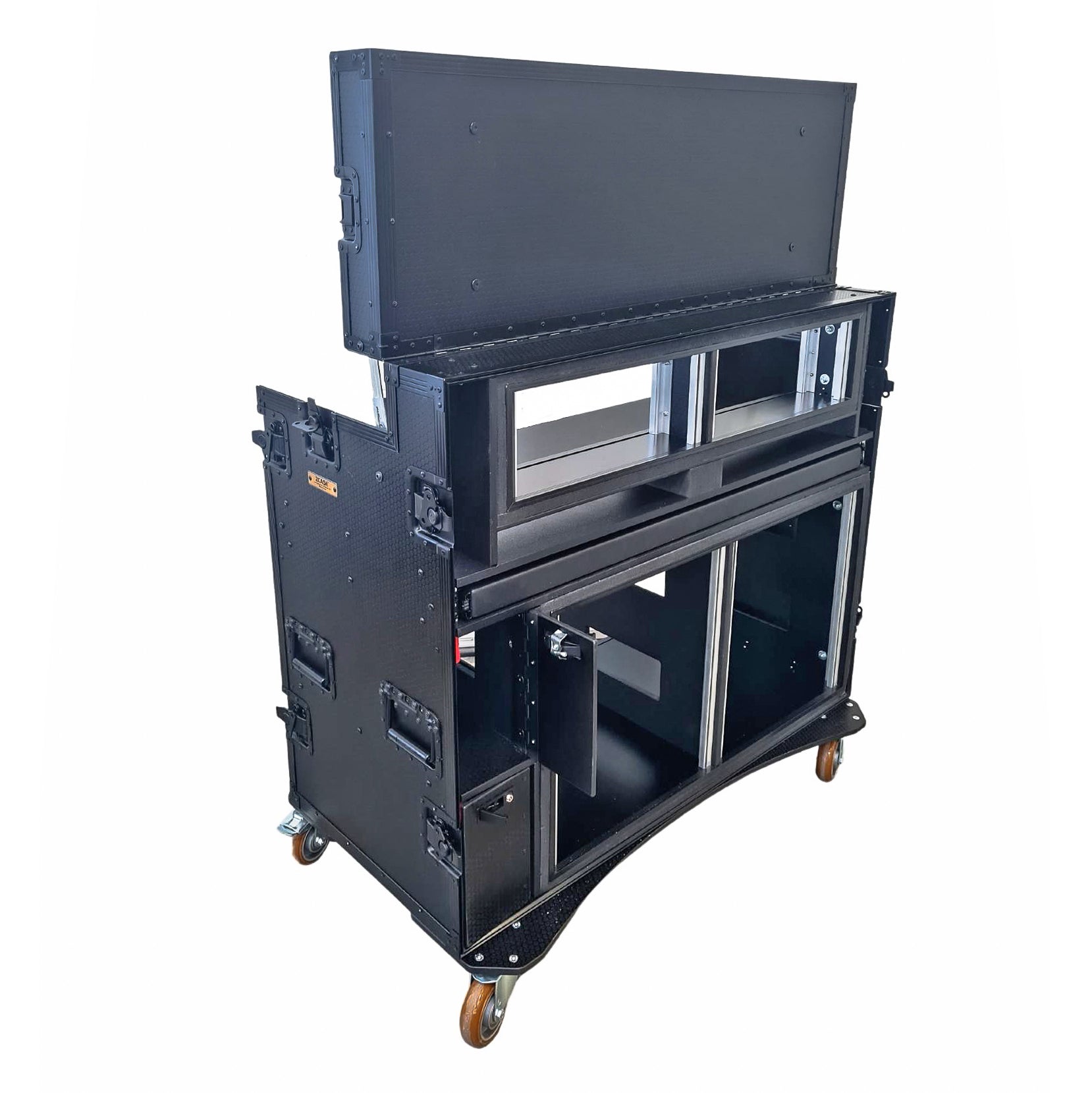 Mobile AV Broadcasting Streaming Recording Studio Workstation Case with 2x 4U Top 2x 12U Bottom Black Finish