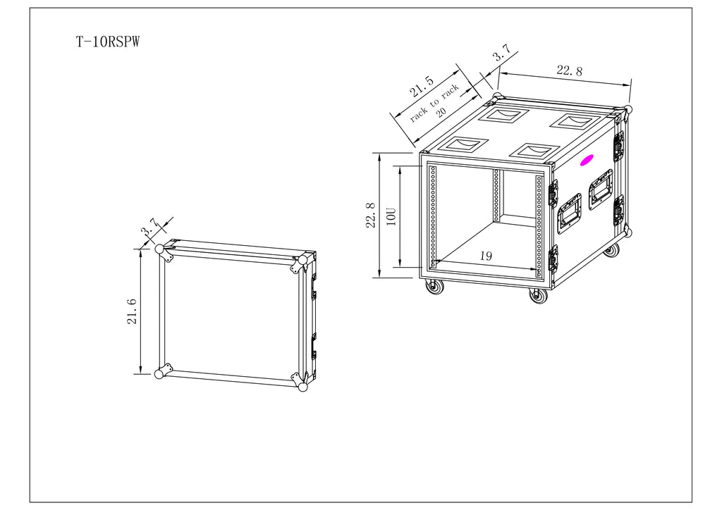 ATA Style 10U Space Shockproof Amp Rack Mount Case 20 inch Depth with Caster Wheels