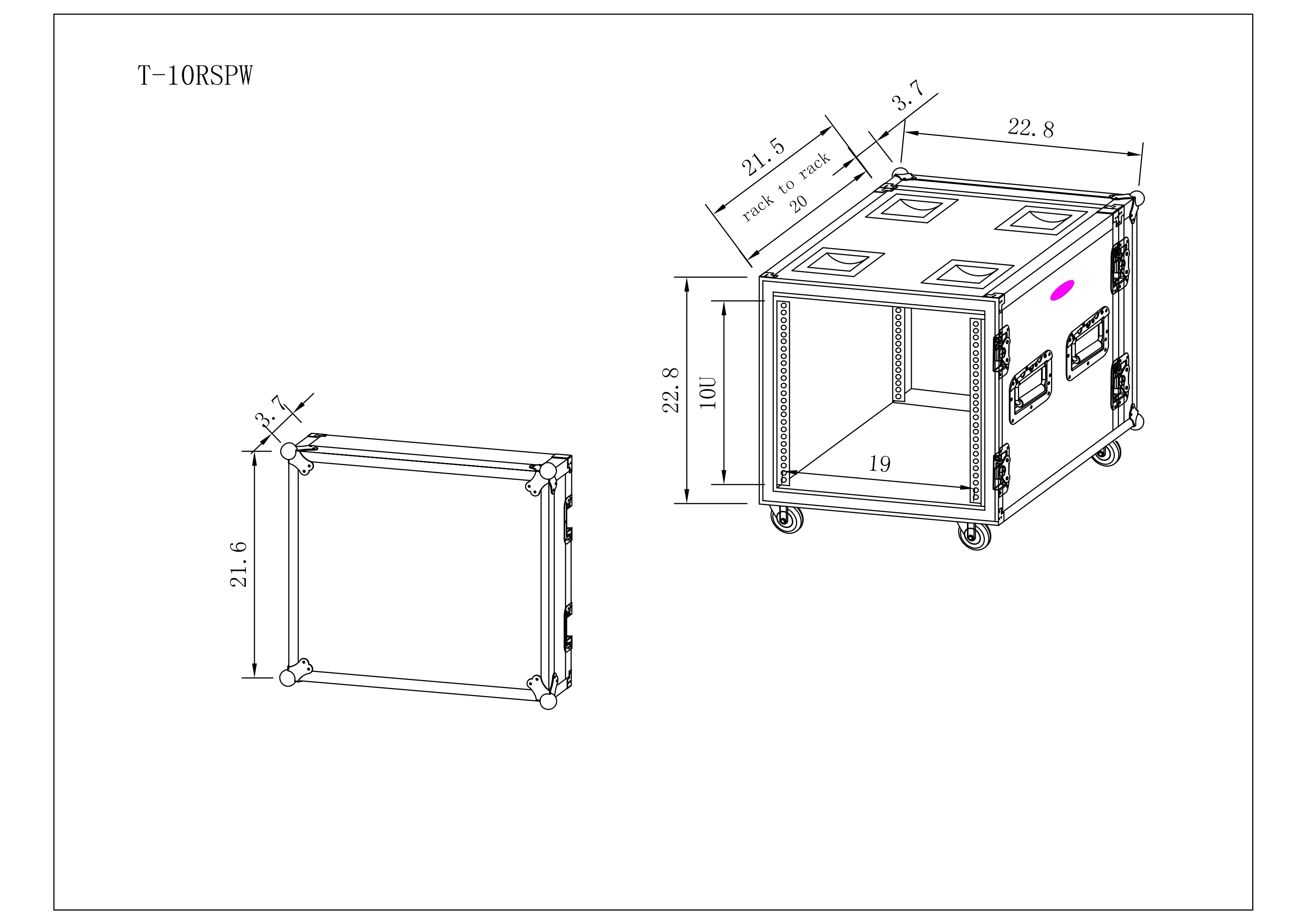 ATA Style 10U Space Shockproof Amp Rack Mount Case 20 inch Depth with Caster Wheels