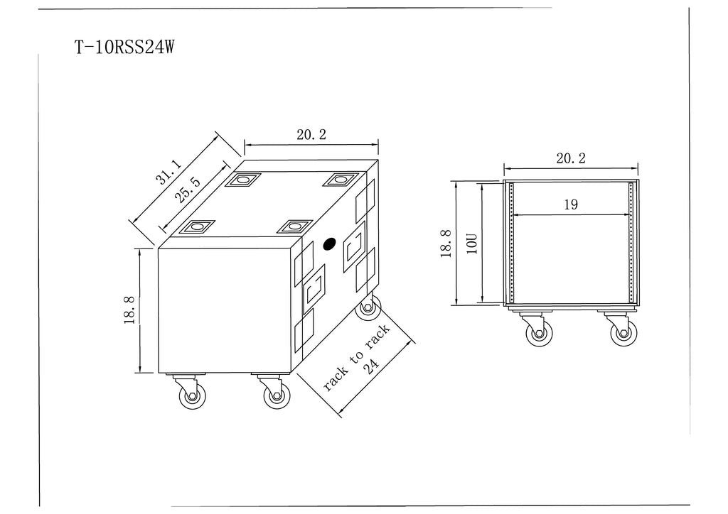 10U Space Rack Mount Flight Case 24 Inch Depth W-Casters