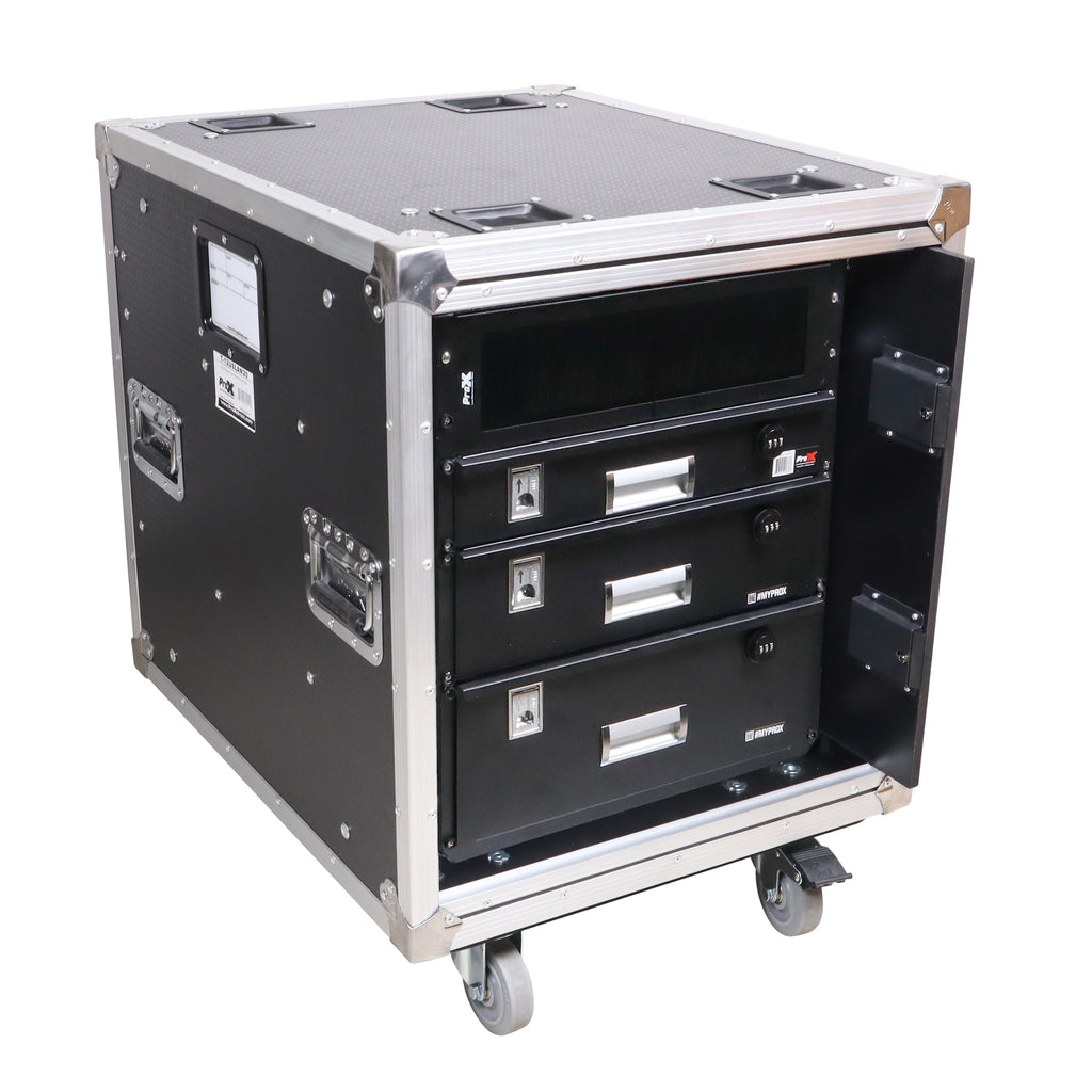 12U 20" Deep Vertical Rack to Rack  Shock Mount Case with 2 Sliding Slam Doors & 4" Caster Wheels