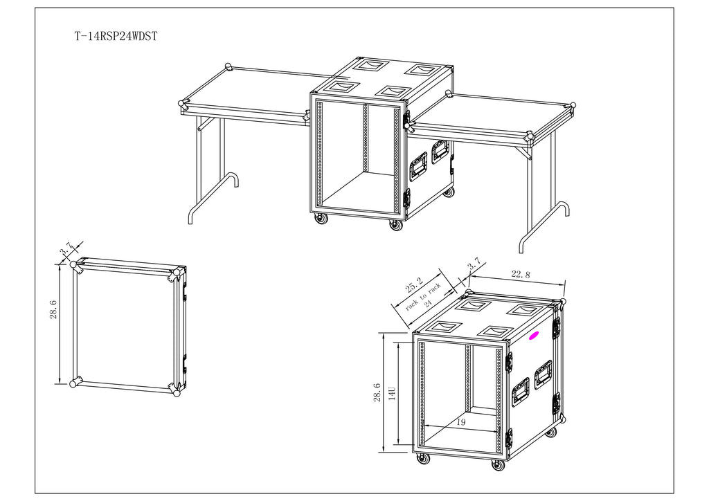 14U Vertical 24" deep Rail to RailShockproof Amp/Rack Case w/ dual side tables and 4 Casters