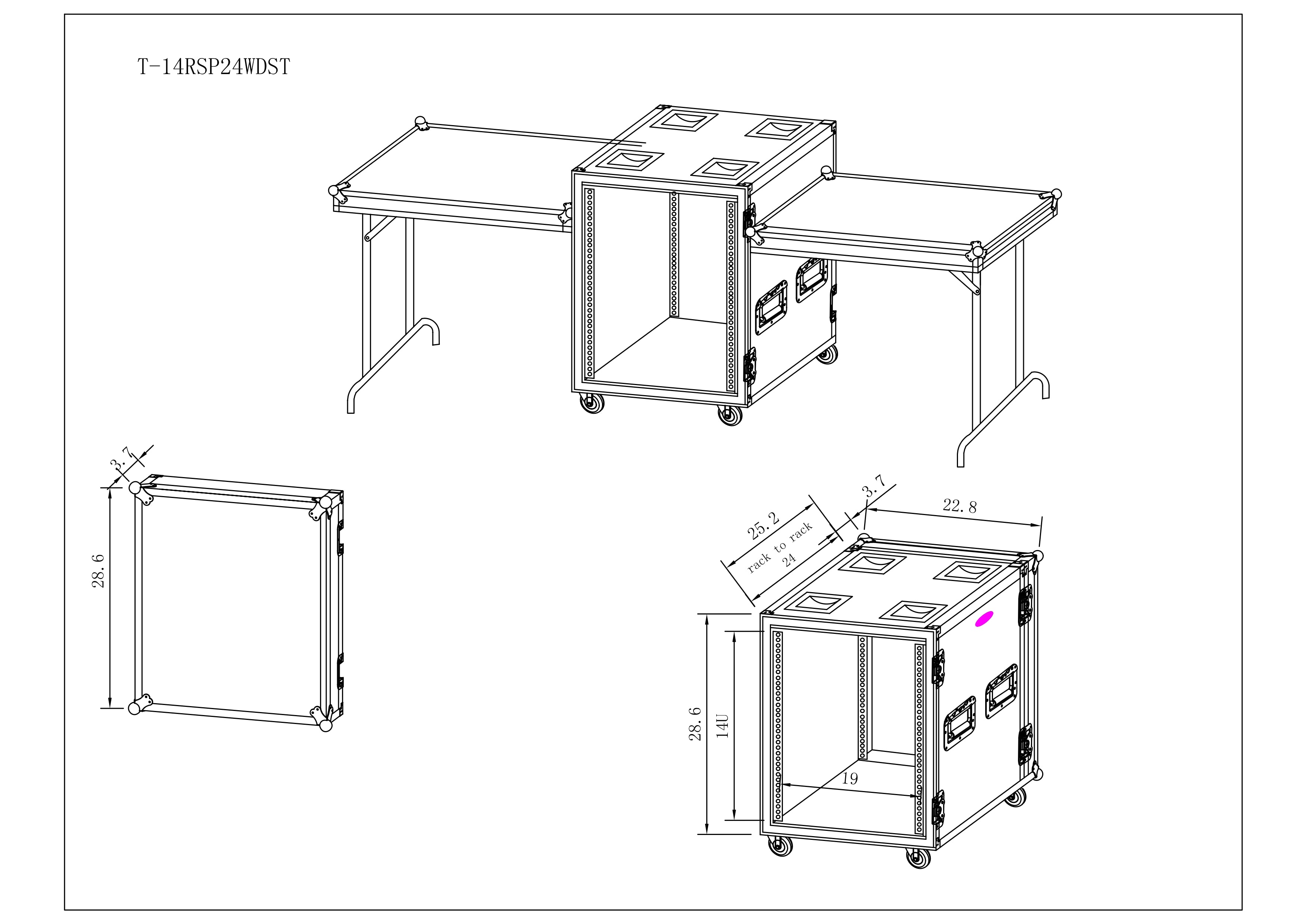 14U Vertical 24" deep Rail to RailShockproof Amp/Rack Case w/ dual side tables and 4 Casters
