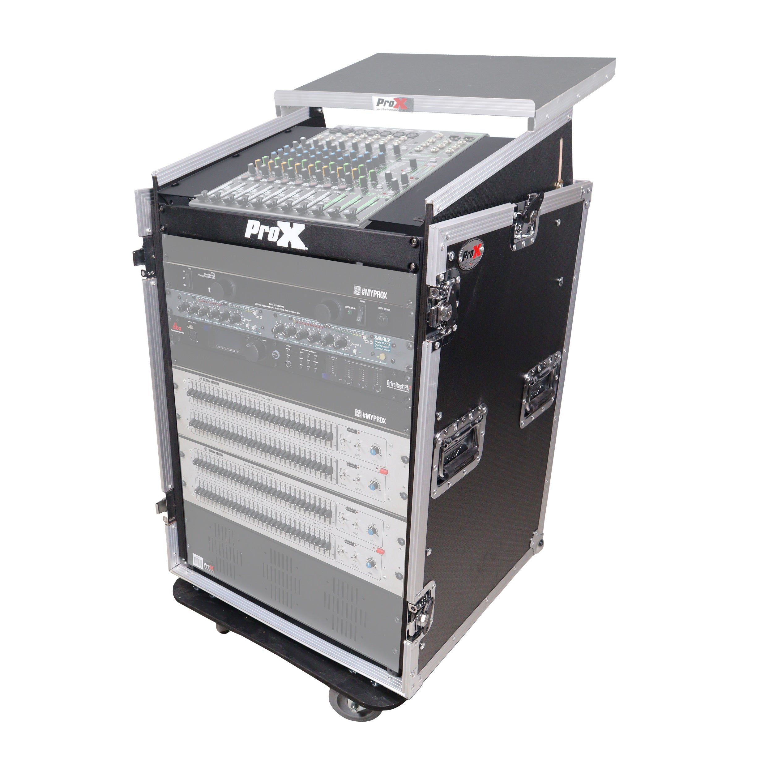 16U Vertical Rack Mount Flight Case with 10U Top for Mixer Combo Amp Rack with Laptop Shelf and Caster Wheels