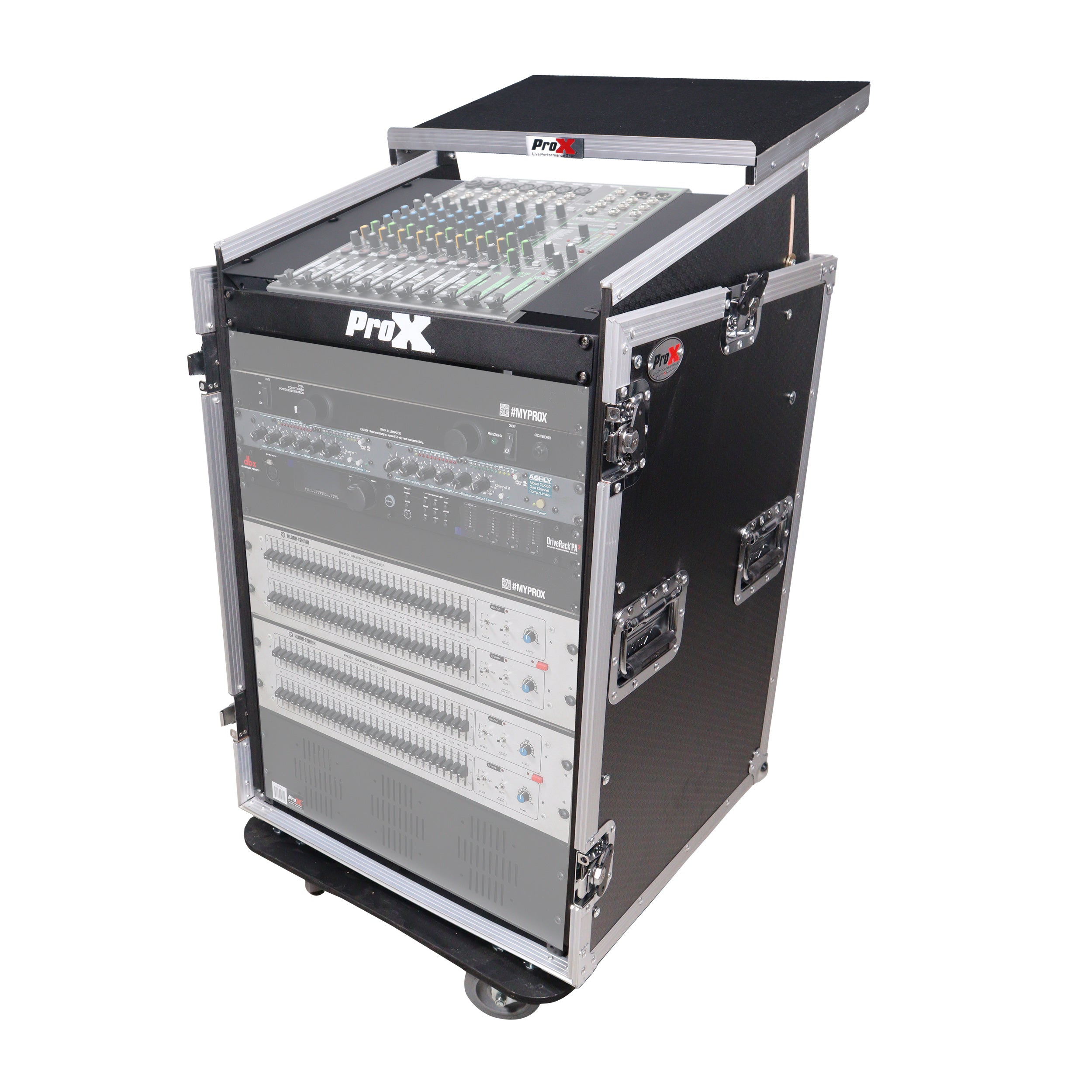 16U Vertical Rack Mount Flight Case with 10U Top for Mixer Combo Amp Rack with Laptop Shelf and Caster Wheels