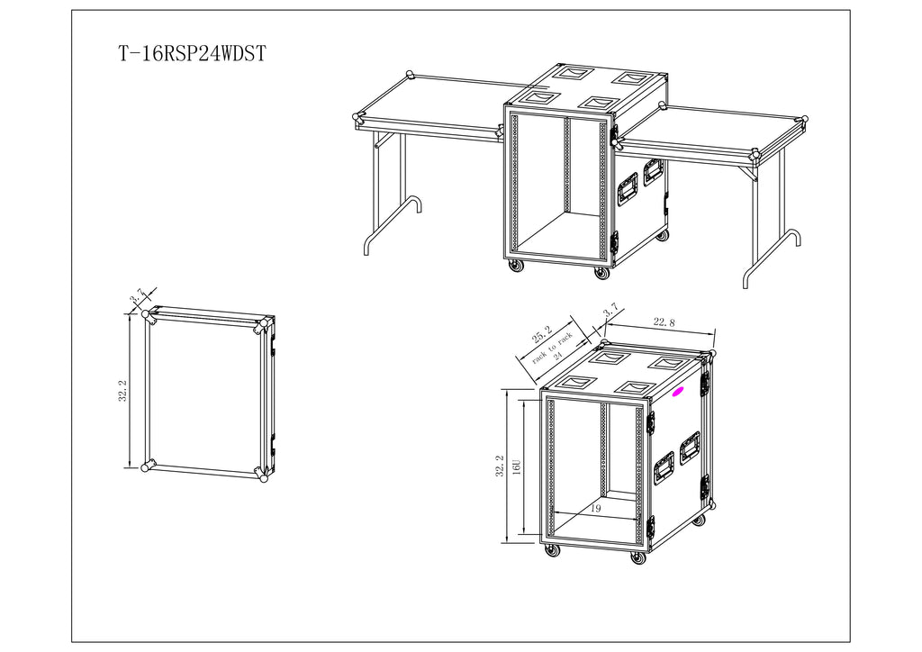 16U Vertical Shockproof Amp/Rack Case W/Dual Side Tables & 4 Casters (24" Rail to Rail)