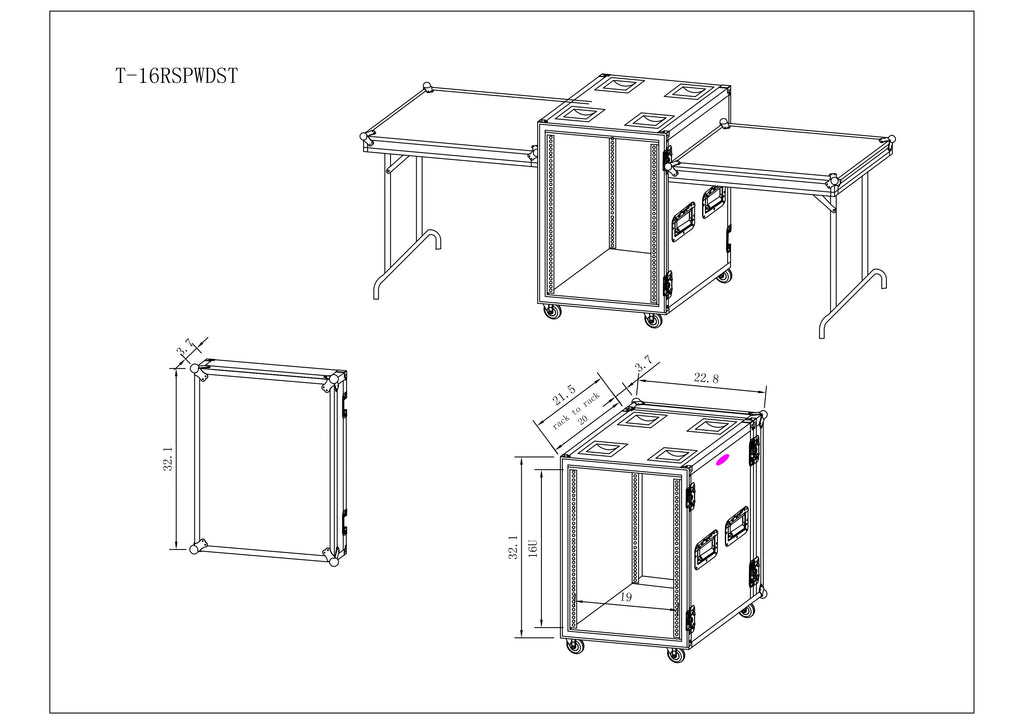 16U Vertical Shockproof Amp Rack Case W-Side Tables 20 In Depth W-Casters