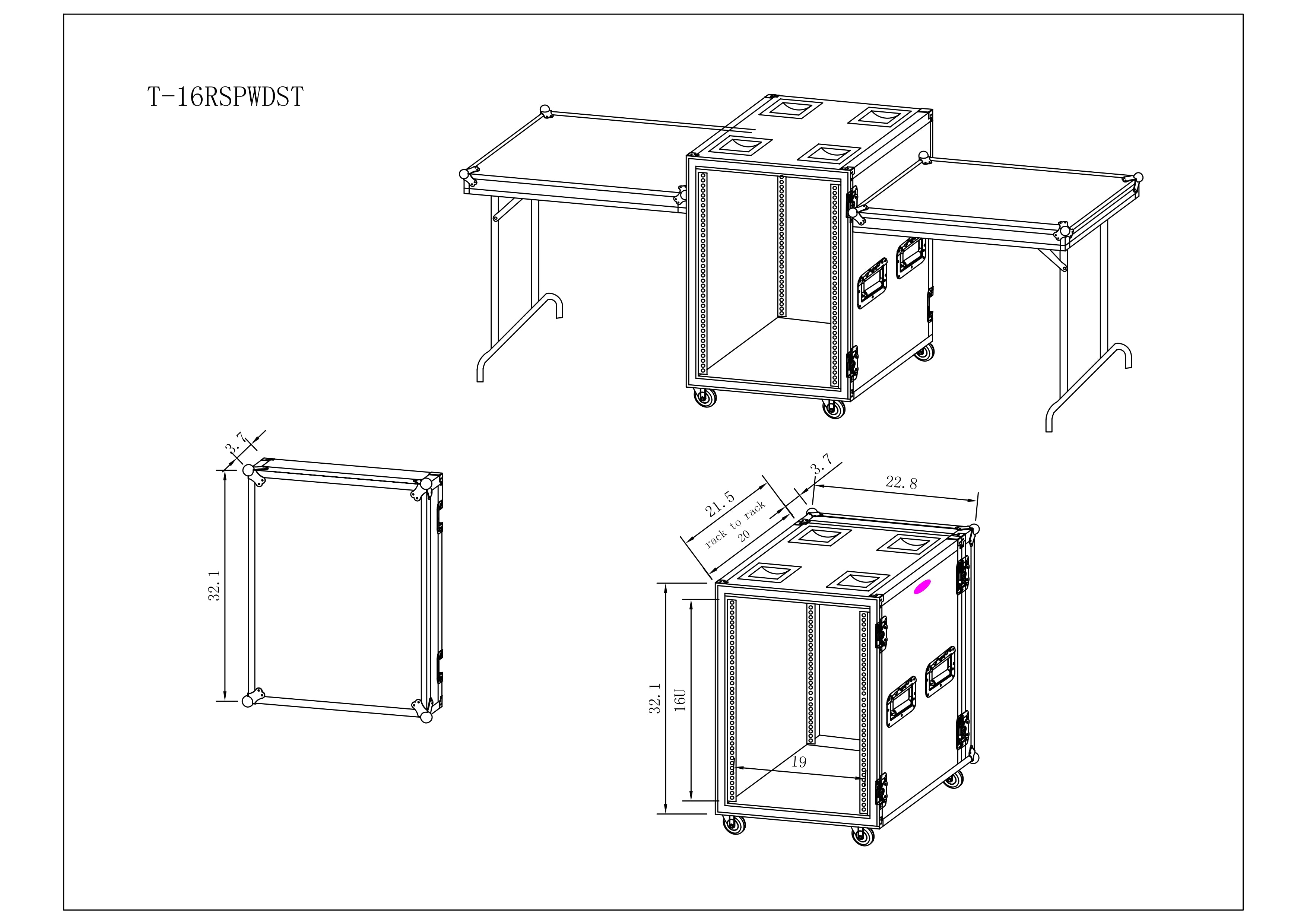 16U Vertical Shockproof Amp Rack Case W-Side Tables 20 In Depth W-Casters