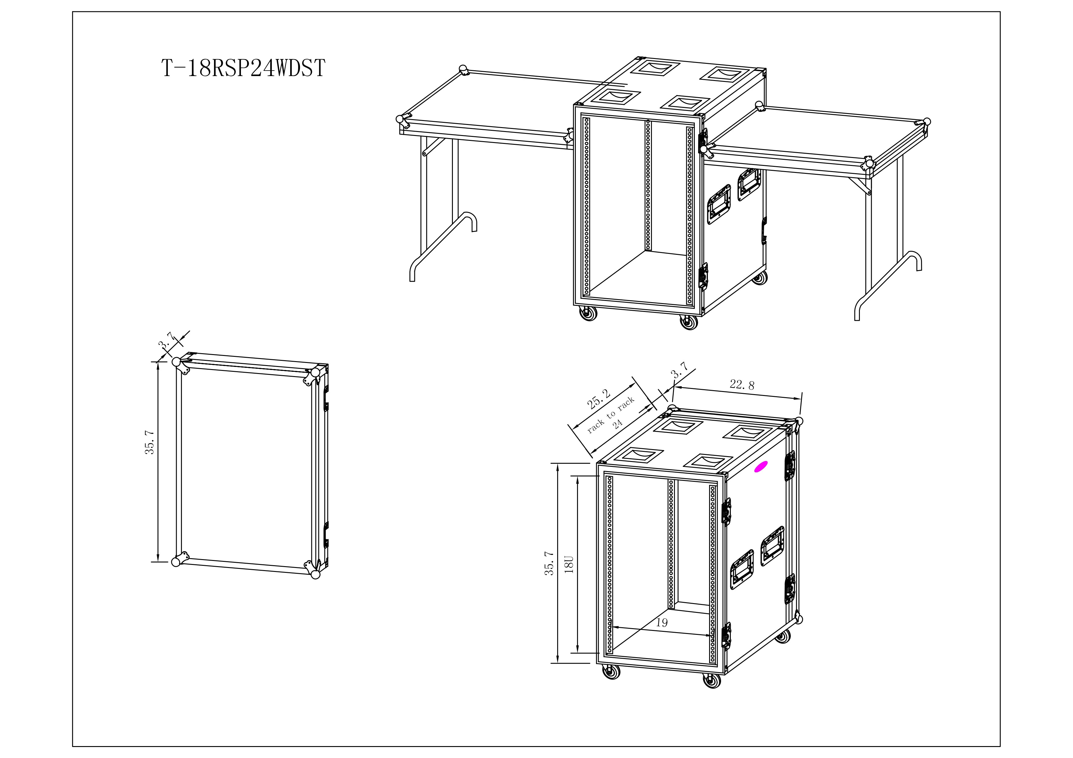 18U Vertical Shockproof Amp Rack Case W-Side Tables and 4 Casters | 24 In Rail to Rail