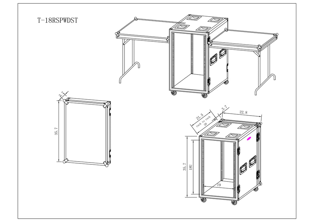 18U Vertical Shockproof Rack Case 20 In Deep W-Side Tables and Casters