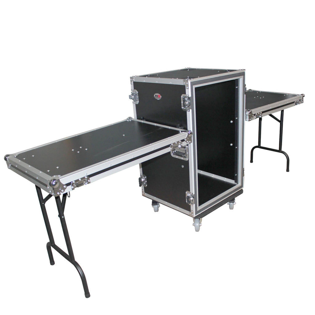 14U Vertical 24" deep Rail to RailShockproof Amp/Rack Case w/ dual side tables and 4 Casters