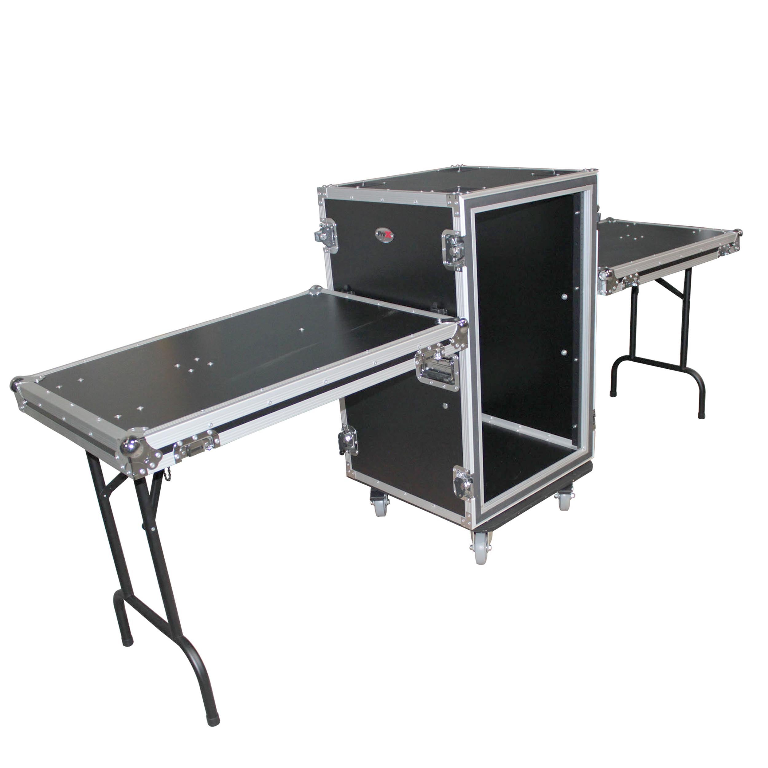 14U Vertical 24" deep Rail to RailShockproof Amp/Rack Case w/ dual side tables and 4 Casters