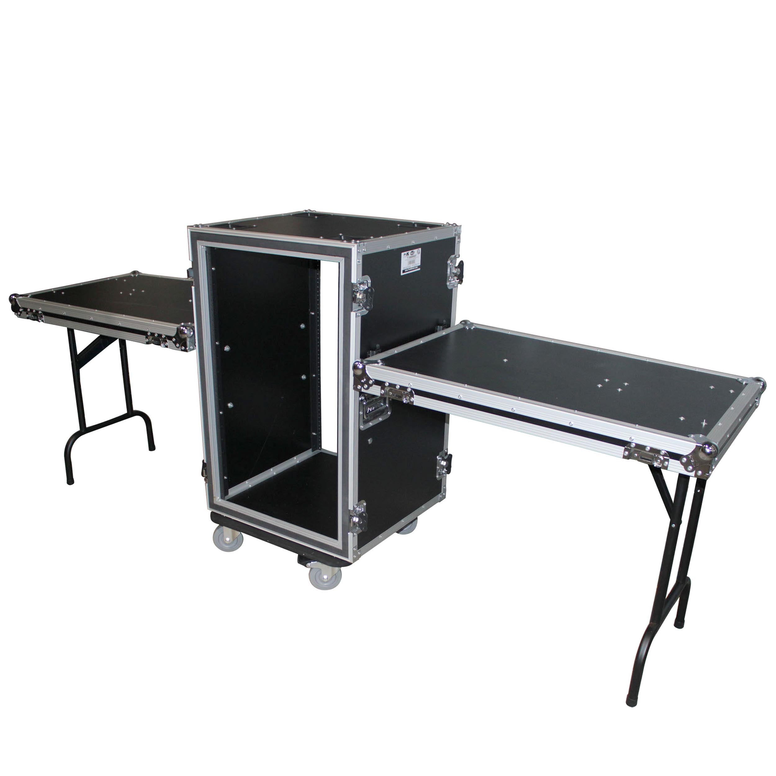 16U Vertical Shockproof Amp/Rack Case W/Dual Side Tables & 4 Casters (24" Rail to Rail)