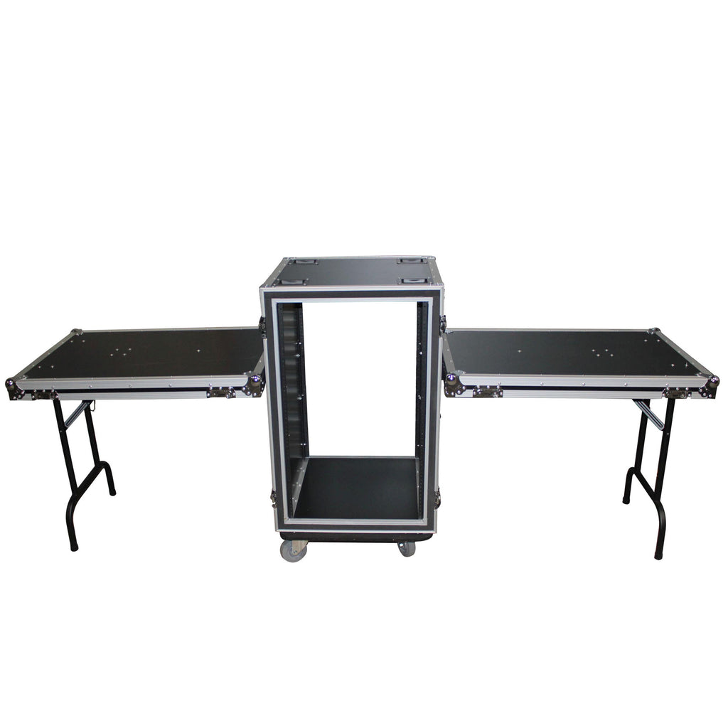 18U Vertical Shockproof Amp Rack Case W-Side Tables and 4 Casters | 24 In Rail to Rail