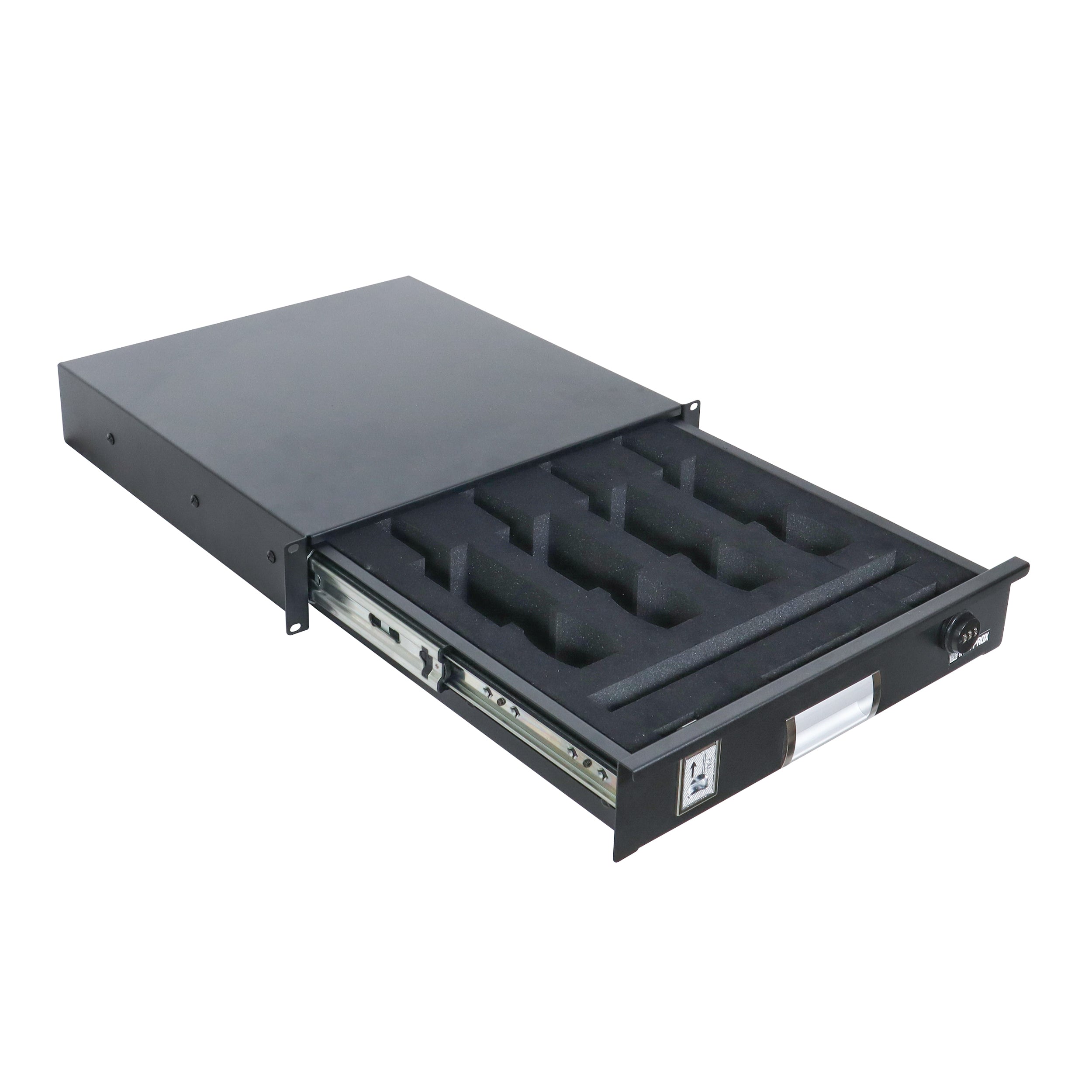 2U Rack Space Fits (4) MICs and Rack Mount Drawer with Foam for Audio, DJ, and IT Server rack cases.