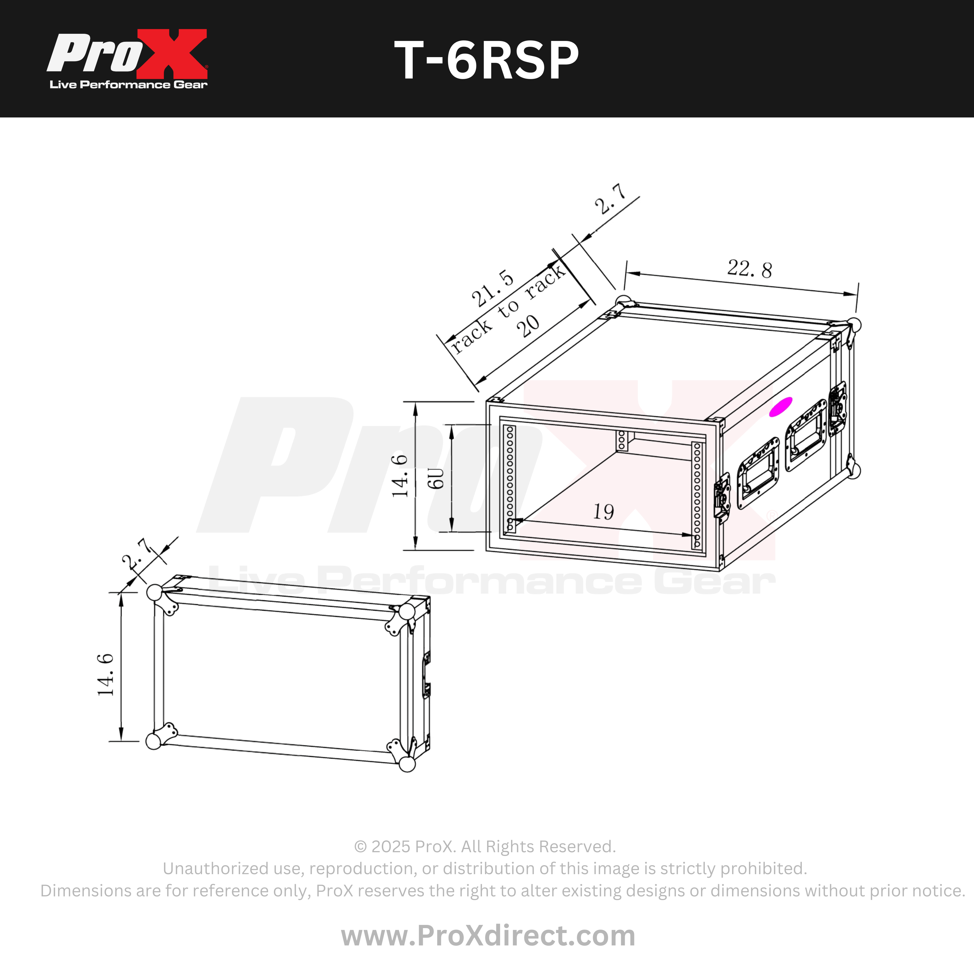 ATA Style 6U Rack Space Shockproof Amp Rack Mount Case 20 in. Depth with recessed handles