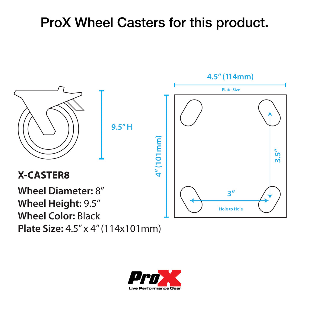 Single 8-inch Industrial Grade Caster Wheel for ProX ATA Flight Utility Console Speaker Cases - Plate 4.5 x 4 in.
