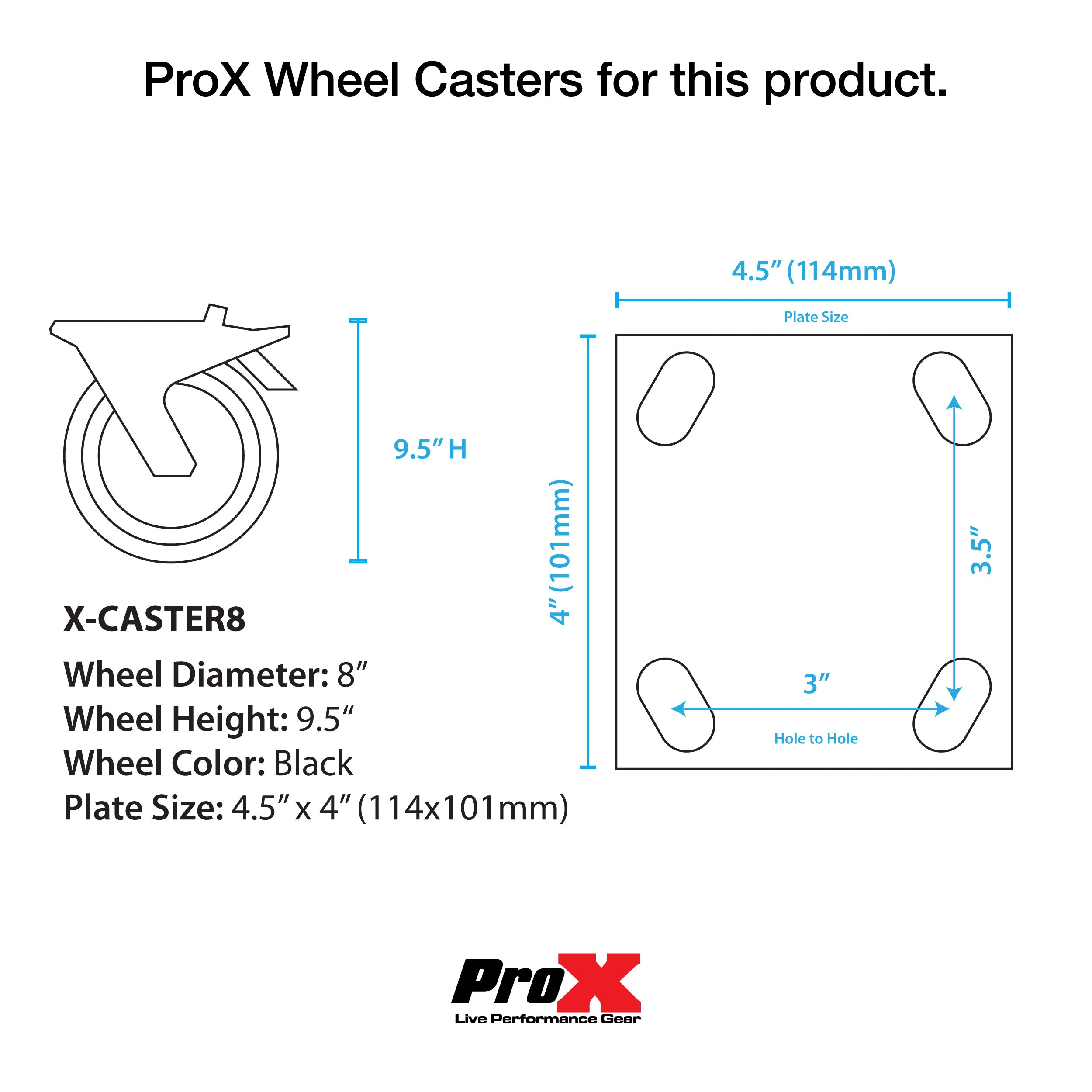 Single 8-inch Industrial Grade Caster Wheel for ProX ATA Flight Utility Console Speaker Cases - Plate 4.5 x 4 in.