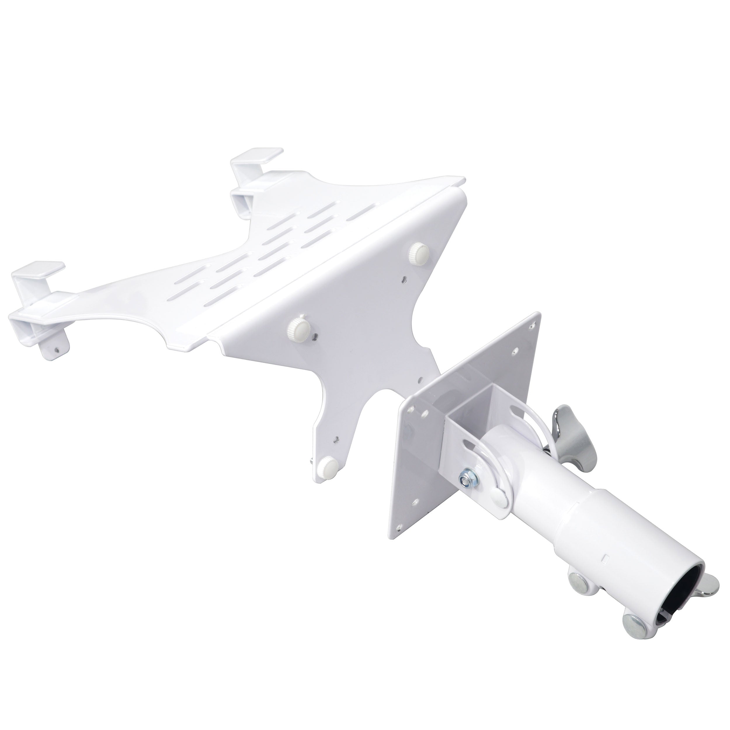 Universal Laptop Tray + VESA Monitor Mounting Bracket fits on Speaker Stand 1-3/8" Pole White