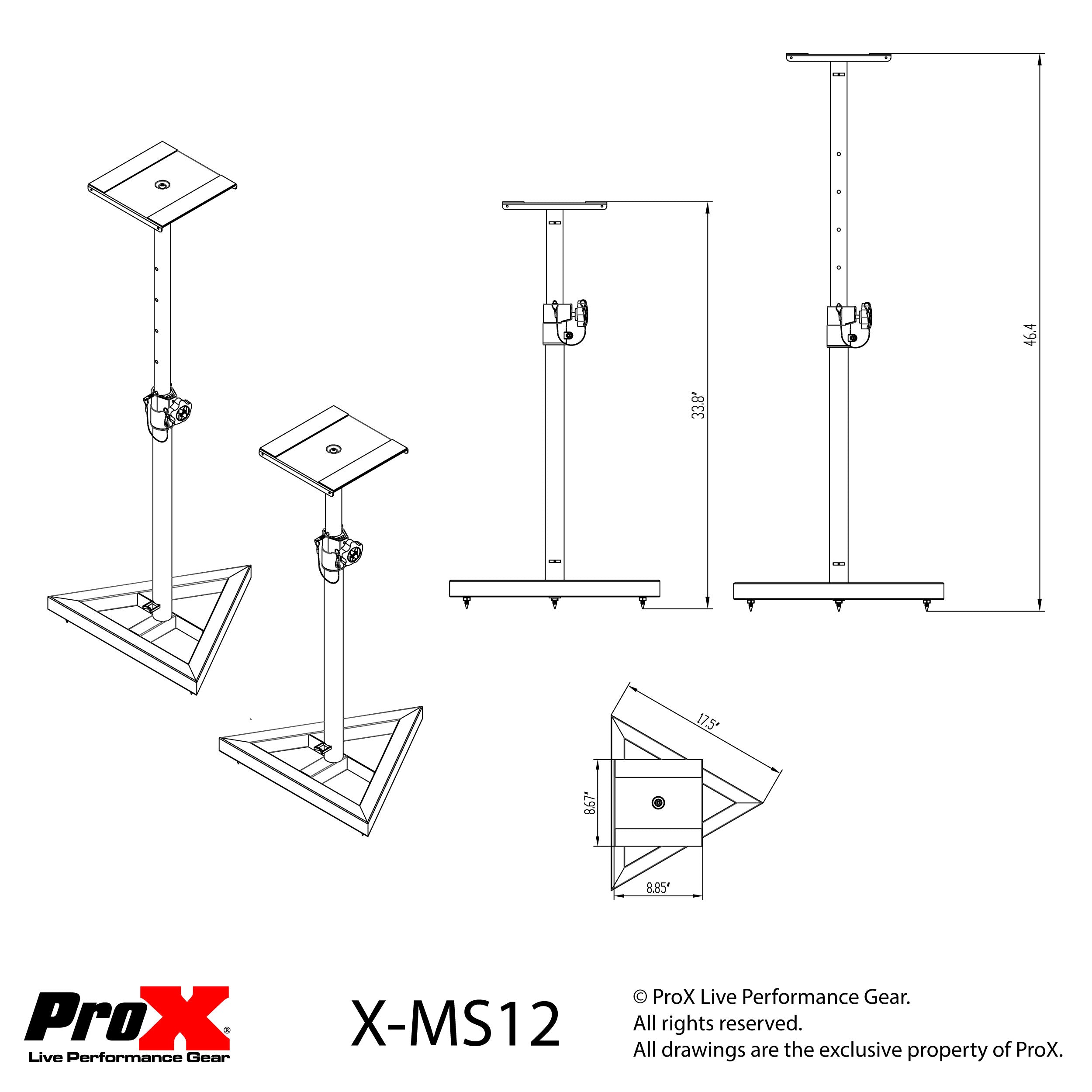 Pair of Studio Monitor Stands Speaker Platform Telescoping Height Adjustment W-Rubberized Platform and Wide Base