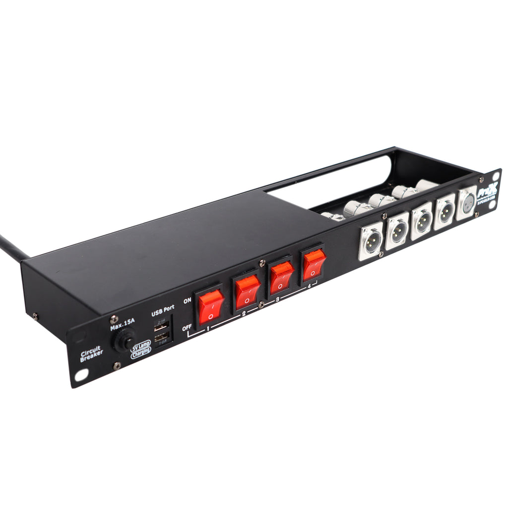 4 Way Powerkon to Edison AC Power 1U Rack Mountable Power Strip 5x Punched D-Series 15A Breaker On Off LED Toggle Switches