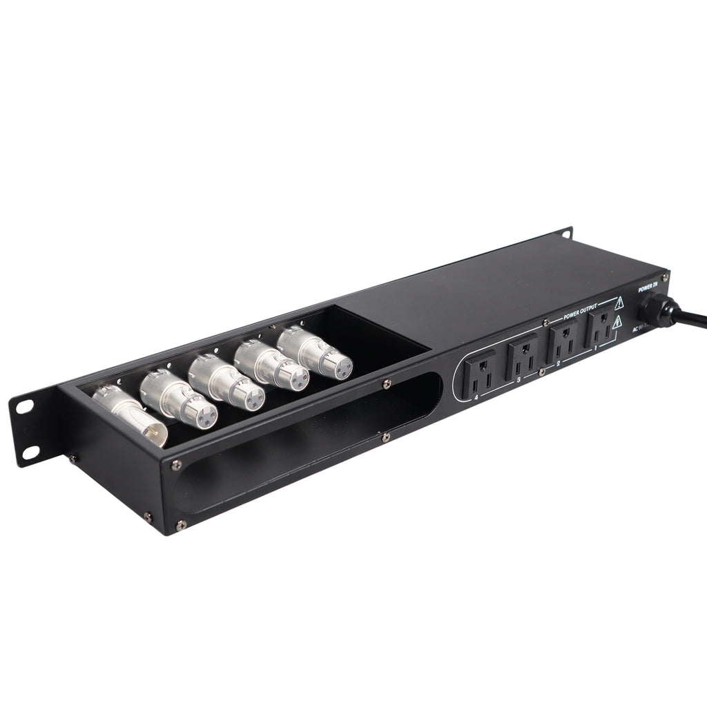 4 Way Powerkon to Edison AC Power 1U Rack Mountable Power Strip 5x Punched D-Series 15A Breaker On Off LED Toggle Switches
