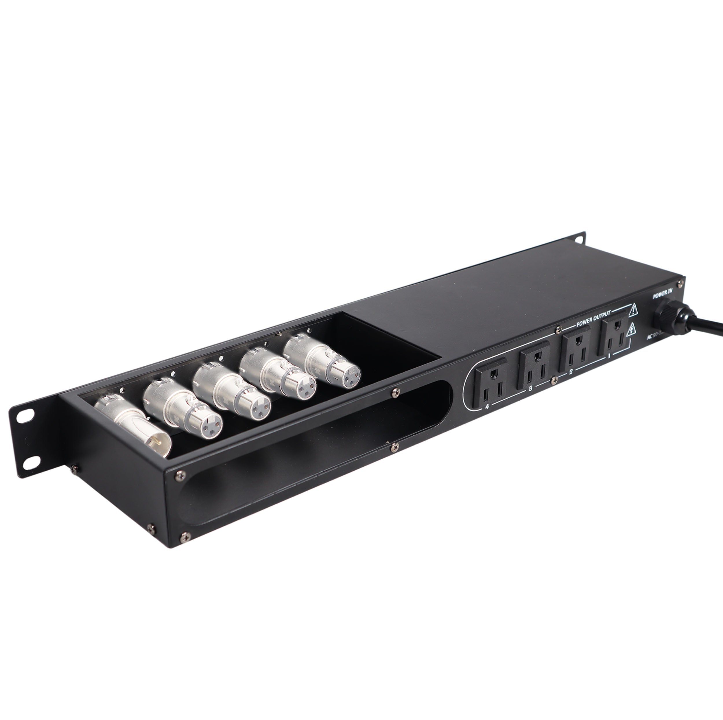 4 Way Powerkon to Edison AC Power 1U Rack Mountable Power Strip 5x Punched D-Series 15A Breaker On Off LED Toggle Switches